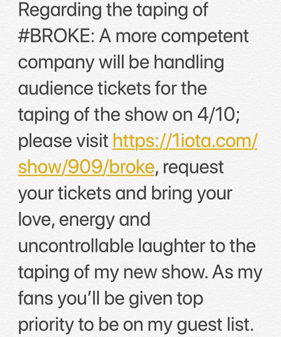 ハイメ・カミールさんのインスタグラム写真 - (ハイメ・カミールInstagram)「Regarding the taping of #BROKE: A more competent company (@1iota) will be handling audience tickets for the taping of the show on 4/10; please visit https://1iota.com/show/909/broke, request your tickets and bring your love, energy and uncontrollable laughter to the taping of my new show. As my fans you’ll be given top priority to be on my guest list.」4月4日 10時18分 - jaimecamil