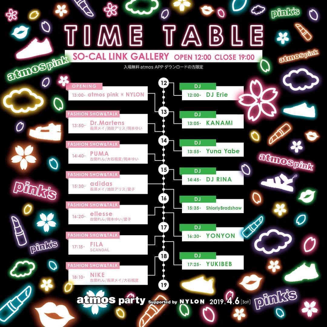 のインスタグラム：「. 4/6(土)表参道のSO-CAL LINK GALLERYにて 『atmos pink party Supported by NYLON』が開催決定！ TIME TABLE公開🖤🔥 @atmospink_party @atmos_pink_official @nylonjapan . 【DJ🥰】 DJ RINA @djrina  ShioriyBradshaw @shioriybradshaw  Yukibeb @yukibeb  YonYon(BRIDGE) @yonyon.j  DJ Erie @____erie____ YUNA YABE @yunaaay1030  KANAMI @kanami_fukuzumi 【ellesse Dance stage🥰】 @ellesseheritagejp  @sayakamavoz  @mikity1225  @akanenmiyoshi  @miuide 【Model】 愛子 @_aiko2246_  岡本 ゆい @yui_okamoto_ 古関れん @renkoseki  大石楓夏 @fuka_oishi 池田 アリス @alice.ikeda 長澤 メイ @xxmeixx1208  SCANDAL @scandal_band_official @mmts_dayo  @haru_na810  @urarina821  @tomo_0531_ 【atmos pink YOU TUBE LIVE MC】 AYAYAN @ayayangram 【atmos pink party MAIN MC】 @neeko_isuzu . #atmos#atmostokyo#atmospink #アトモス#アトモスピンク」