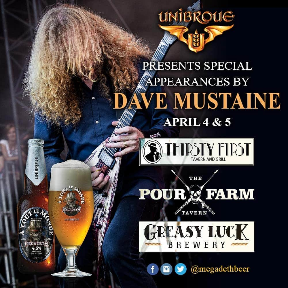 Megadethさんのインスタグラム写真 - (MegadethInstagram)「Dave Mustaine will be making appearances at: 🍺Thirsty First Tavern 280 Central Ave, Lowell, MA Thursday, April 4 🍺Pour Farm Bar & Grill 780 Purchase St, New Bedford, MA Friday, April 5 🍺Greasy Luck Brewpub 791 Purchase St, New Bedford, MA Friday, April 5 After the #ExperienceHendrix @jimihendrix shows! Join Dave for a cold À Tout le Monde #MegadethBeer! experiencehendrixtour.com」4月5日 1時54分 - megadeth