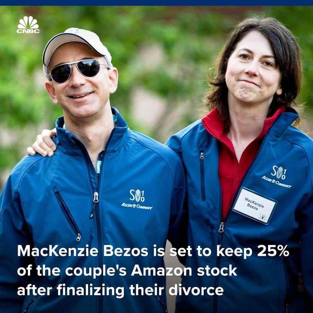 CNBCさんのインスタグラム写真 - (CNBCInstagram)「MacKenzie Bezos announced that she and ex-husband Jeff Bezos have completed the process of dissolving their marriage, leaving her $35.6 billion in Amazon stock.⁣ ⁣ MacKenzie said she was "happy" to be giving Jeff 75% of their stock in Amazon along with voting control of her shares. She also left Jeff with all of her interests in the Washington Post and Blue Origin. The announcement clears up some concerns investors had about who would have voting power at Amazon, in the days after the couple announced their plans to get a divorce.⁣ ⁣ Amazon's stock was down about half a percent Thursday afternoon following the news.⁣ ⁣ You can read the statement, at the link in bio.⁣ ⁣ *⁣ *⁣ *⁣ *⁣ *⁣ *⁣ *⁣ *⁣ ⁣ #JeffBezos #MackenzieBezos #Bezos #Amazon #Stock #InvestorNews #News #BusinessNews #CompanyNews #AmazonNews #CNBC」4月5日 2時54分 - cnbc