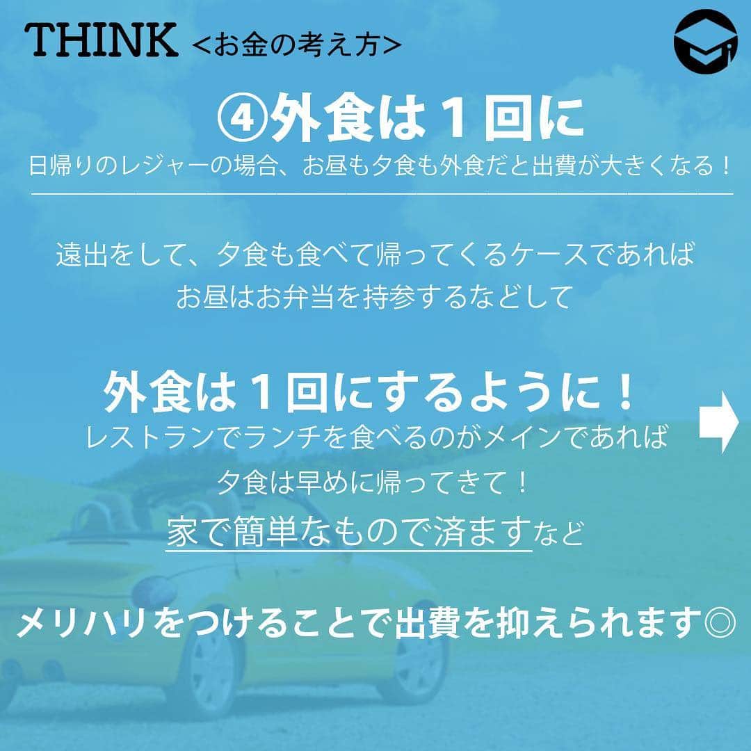 ファイナンシャルアカデミー(公式) さんのインスタグラム写真 - (ファイナンシャルアカデミー(公式) Instagram)「.﻿ 【　①早めに計画を立てる 】﻿ 早め早めが安くなるコツです💡﻿ 来週末はキャンプをしよう⛺️遠出をしよう🚘となった時に、施設の予約は割安な料金のものからなくなっていきます💦﻿ 出足が遅かったという場合に、無理に残った高い料金に決めず、日にちを改めて、その時点での割安な料金で予約ができる日程に変更するなど、柔軟な対応ができるとよいでしょう😊﻿ 宿泊施設を予約する場合、多くの予約サイトでは「早期割引」を実施しています👍✨料金が安くなるだけでなく、人気のホテルや旅館にも泊まれるかもしれません。早い行動は得することがいっぱいです‼️﻿ ﻿ 👛格安宿泊プランを利用してみる﻿ 宿泊予約などで、かなりおトクな金額設定になっているプランを見たことはないでしょうか。﻿ それは「事前カード決済キャンセル料100％」というものです。﻿ 予約と同時にクレジットカードで決済され、それ以降、期日にかかわらずキャンセル料が100％かかるというものです。つまり、宿泊を取り消したとしても料金は返金されないというわけです。﻿ このプランは非常におトクな反面、キャンセルできないという怖さがあるので、体調面に不安のあるお子さんがいるご家族向きではありません🚫﻿ 健康に自信があり、“何が何でも行く”という心意気の人にはいいかもしれませんね☺️﻿ ﻿ 【　②大まかな予算を出す　】﻿ たとえば、キャンプをすることが決まったならば、キャンプ場の利用料、道具レンタル料、食材費、交通費など、ざっくりと予算を出してみます。最低単位は5,000円くらいの大まかさで問題ありません🙌﻿ たとえば、予算が1万５千円と出せたら、財布には1万５千円と小銭しかいれないようにします💰﻿ 足りない場合が心配であれば、別の財布に予備分のお金を入れておきます。﻿ こうすれば、どのくらい使ったのか、あとどのくらい残っているのかがすぐにわかり、予算内で収めたいという意識も働くので、無駄遣いをすることがなくなります👏﻿ ﻿ 【　③準備をしっかりする　】﻿ チケットや切符などは事前に用意しておきましょう。前売りチケットや1日乗り放題切符、周遊切符はおトクに利用できます。﻿ 👛金券ショップを利用してみる﻿ チケットや切符を金券ショップで購入するのも手です。﻿ 新幹線や特急の回数券を買えば、家族全員分の交通費が安くできます。金券ショップには株主優待のレジャー券などもあり、格安で購入できるものもあります‼️﻿ 有効期限があるものは、期限が近いものほど安くなっているので、条件が合えば、そういうものを狙うのもいいでしょう👀﻿ 👛道具の準備は余裕をもって﻿ 準備はチケットや切符だけではありません。レジャーに必要な道具も事前に準備しておけば、当日、慌てて現地で調達するなどして、いらない出費をすることもありません💡﻿ また、普段から気にかけていることで、セール品を買えたり、ネットのユーザーレビューを参考にして買うことで、購入の失敗をなくすことができます☺️﻿ 道具や装備は一度に買い揃えず、少しずつ増やしていくのが無駄をなくす賢い買い方です👍﻿ 何はともあれ、仕事の準備と違って、遊びの準備はワクワクするものです🌸﻿ ﻿ 【　④外食は１回に　】﻿ 日帰りのレジャーの場合、お昼も夕食も外食だと、出費が大きくなります😭﻿ 遠出をして、夕食も食べて帰ってくるケースであれば、お昼はお弁当を持参するなどして、外食は１回にするようにしましょう🍔﻿ また、レストランでランチを食べるのがメインであれば、夕食は早めに帰ってきて、家で簡単なもので済ますなど、メリハリをつけることで出費を抑えられます🍴﻿ ﻿ 【　⑤お土産は買わない　】 観光地でお土産屋を見て回るのはとても楽しいものです🌈﻿ ついつい手が伸びますが、「はたしてここではなく、家の近所でそれと同じものを売っていたら買うだろうか」と自問してみてください🤔イエスであれば、買ってもいいかもしれませんが、大抵は“上がった気分”や“お店の雰囲気”で欲しくなっていることが多いのではないでしょうか🙄💦﻿ そうして買ったお土産は家に持ち帰ってしばらくすると、「どうしてこんなもの買ったんだろう」と後悔するはめになります💔﻿ 旅先では財布のひもが緩くなりがちですが、そんな時は、先ほどの「家の近所で～」の問いかけを思い出してみてくださいね。﻿ ﻿ ケチケチする必要はありませんが、ちょっとした工夫で、無駄遣いは防げるものです💞 早めの計画は楽しみを長くすることにもなりますので、ぜひ実行してみてくださいね🌷🌷🌷﻿ ﻿ ﻿ https://bit.ly/2JGIrVQ﻿ #ファイナンシャルアカデミー#financialacademy #ファイナンシャルプランナー #お金の教養 ﻿ #手書きアカウント#手書きツイート #手書きポスト初心者 #手書きポスト #デジタルツイート ﻿ #自分次第#自己実現 #勉強 #勉強会 #勉強中 #勉強記録 #勉強垢さんと繋がりたい #勉強垢 ﻿ #情報収集 #節約 #節約術 #節約主婦 #節約花嫁 #節約中 #GW #10連休 #レジャー﻿ #レジャー費 #キャンプ #行楽シーズン #旅行﻿」4月4日 18時15分 - financial_academy
