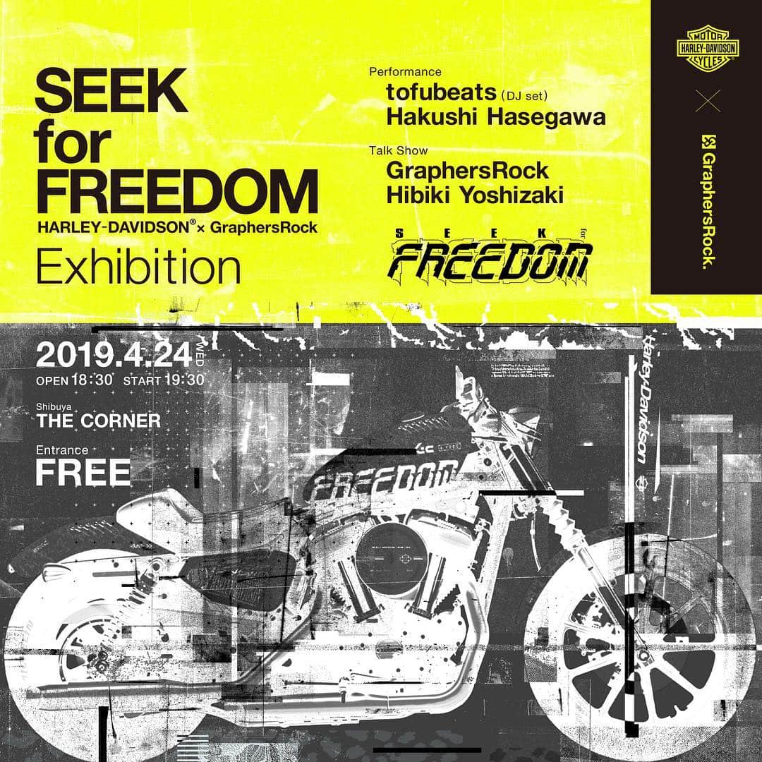 Harley-Davidson Japanさんのインスタグラム写真 - (Harley-Davidson JapanInstagram)「『SEEK for FREEDOM』HARLEY-DAVIDSON® × GraphersRock - Exhibition -  開催決定。  #ハーレー #harley #ハーレーダビッドソン #harleydavidson #バイク #bike #オートバイ #motorcycle #アイアン1200 #iron1200 #xl1200ns #スポーツスター #sportster #コラボレーション #collaboration #デザイン #design #グラファーズロック #graphersrock #seekforfreedom #イベント #event #渋谷 #shibuya #2019 #自由 #freedom」4月4日 20時40分 - harleydavidsonjapan