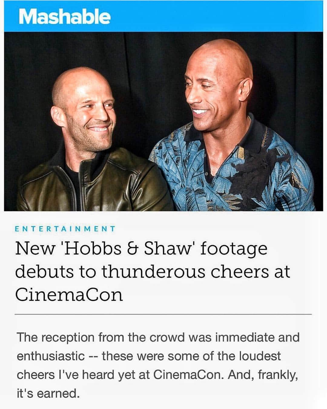 ドウェイン・ジョンソンさんのインスタグラム写真 - (ドウェイン・ジョンソンInstagram)「Always so cool to earn, “thunderous applause” for our new HOBBS & SHAW trailer.  Mahalo to all the press, exhibitors and theater owners for your awesome support.  I’m excited to deliver our new trailer to the world in a few weeks.  Oh look, I finally got @jasonstatham to smile by telling him to kindly f*ck off.  #HobbsAndShaw  #thunderous ⚡️ #earned」4月4日 21時20分 - therock