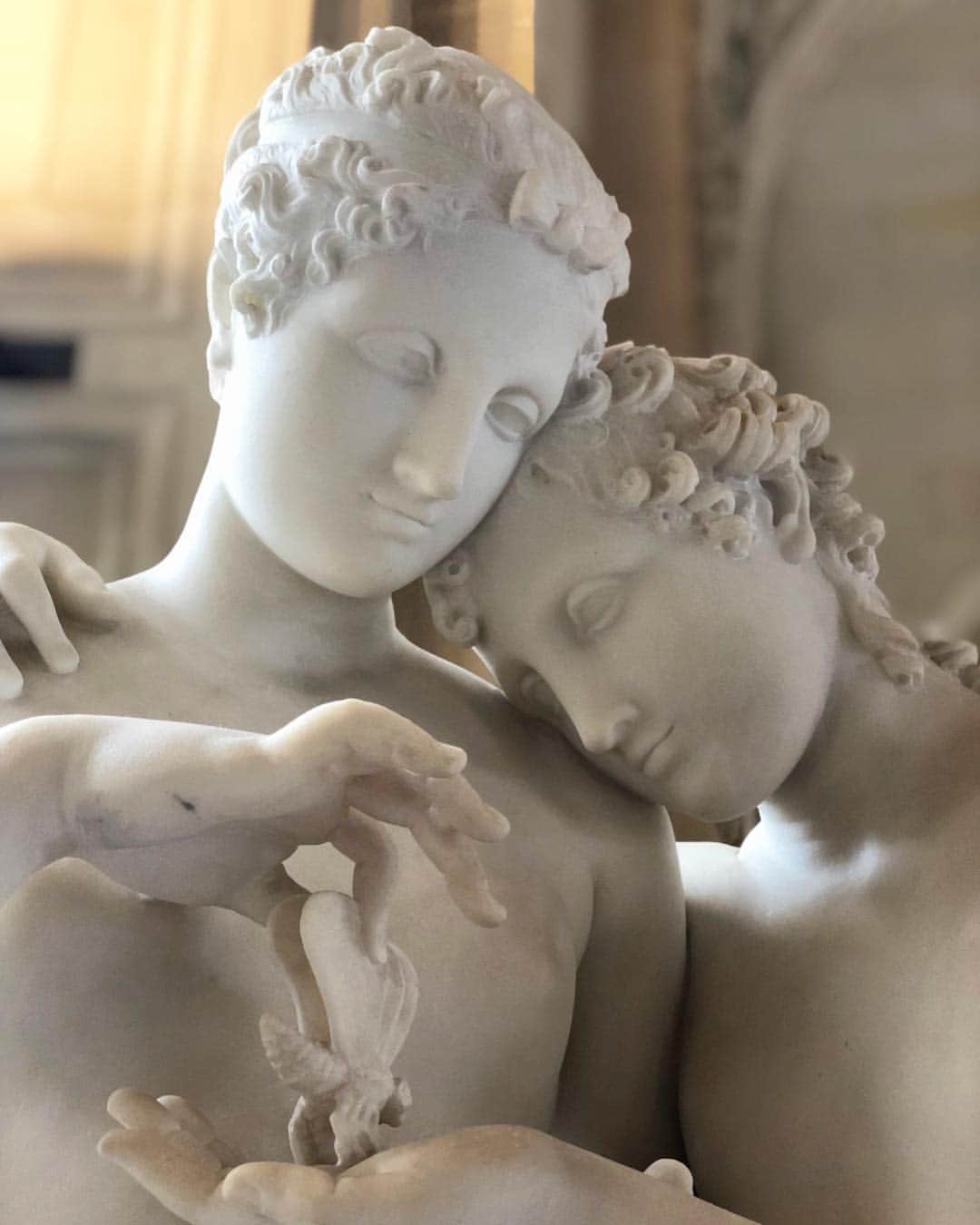 ルーブル美術館さんのインスタグラム写真 - (ルーブル美術館Instagram)「. 🇫🇷Le printemps est arrivé à Paris ! 🌸 Aujourd’hui, nous vous présentons Psyché et l’Amour, œuvre du sculpteur italien Canova.  _ ✍️Le thème de L’Amour et Psyché est un thème largement développé pendant la période néoclassique. Canova en a décliné de nombreuses versions notamment en terre, mais aussi de très beaux groupes en marbre dont celui-ci. Cette sculpture est une commande d’un colonel écossais, Sir John Campbell, que l’artiste rencontre lors d’un séjour à Naples en 1787. C’est ce même colonel qui lui commande aussi le très célèbre groupe, Psyché ranimée par le baiser de l’Amour. L’oeuvre a, par la suite, appartenu à Murat avant d’entrer dans les collections impériales puis au musée du Louvre. _ 🧐Les personnages sont debout. L’Amour est entièrement nu alors qu’une draperie masque délicatement la nudité de Psyché. L’Amour entoure Psyché de son bras tandis qu’elle soulève de sa main celle du jeune homme, sur laquelle elle pose un papillon. Ce papillon symbolise l’âme de Psyché, qu’en toute innocence, elle offre à l’Amour ________ 🌏Spring has arrived in Paris! 🌸 Today we present Cupid and Psyche, a work by the Italian sculptor Canova. _ 🧐The story of Cupid and Psyche was a popular artistic choice in the neoclassical period. Canova produced many versions of the theme; most were of terracotta, but he also sculpted some beautiful marble groups, two of which are in the Louvre: Cupid and Psyche standing, and Psyche Revived by Cupid's Kiss. Antonio Canova was only thirty years old when this sculpture was commissioned by a Scottish colonel, Sir John Campbell, whom he met in Naples in 1787 and who also commissioned the famous group known as Psyche Revived by Cupid’s Kiss. The two groups later entered the imperial collections before being acquired by the Musée du Louvre. _ 🧐The figures of Cupid and Psyche are standing, Cupid completely naked, Psyche modestly draped, he with his arm around her shoulders. She raises his left hand with her own, to place a butterfly on his palm. The butterfly symbolizes her soul, which she offers in all innocence to Cupid. _ 📷©️Musée du Louvre / Nicolas Bousser @insidethelouvre . . #Louvre #LouvreMuseum #MuseeduLouvre」4月4日 22時45分 - museelouvre
