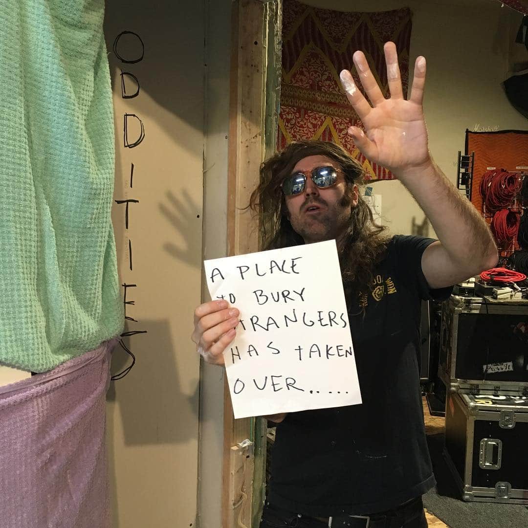 A Place to Bury Strangersのインスタグラム：「Head over to @odditiesfleamarket to watch our takeover unfold throughout the day. Ask questions, tell us how great our hair looks, throw your phone into a puddle— whatever you oddballs wanna do! W R HERE. FOR. YOU.」