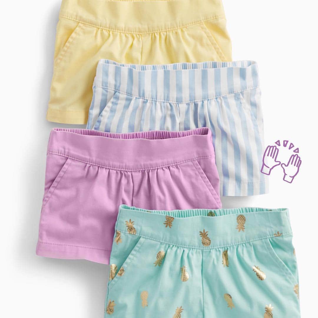のインスタグラム：「NEW! The pleated pull on with a flat front so her tucked-in tops look 👌 #stripes #pineapples #alltheshorts #oshkoshkids #linkinbio」