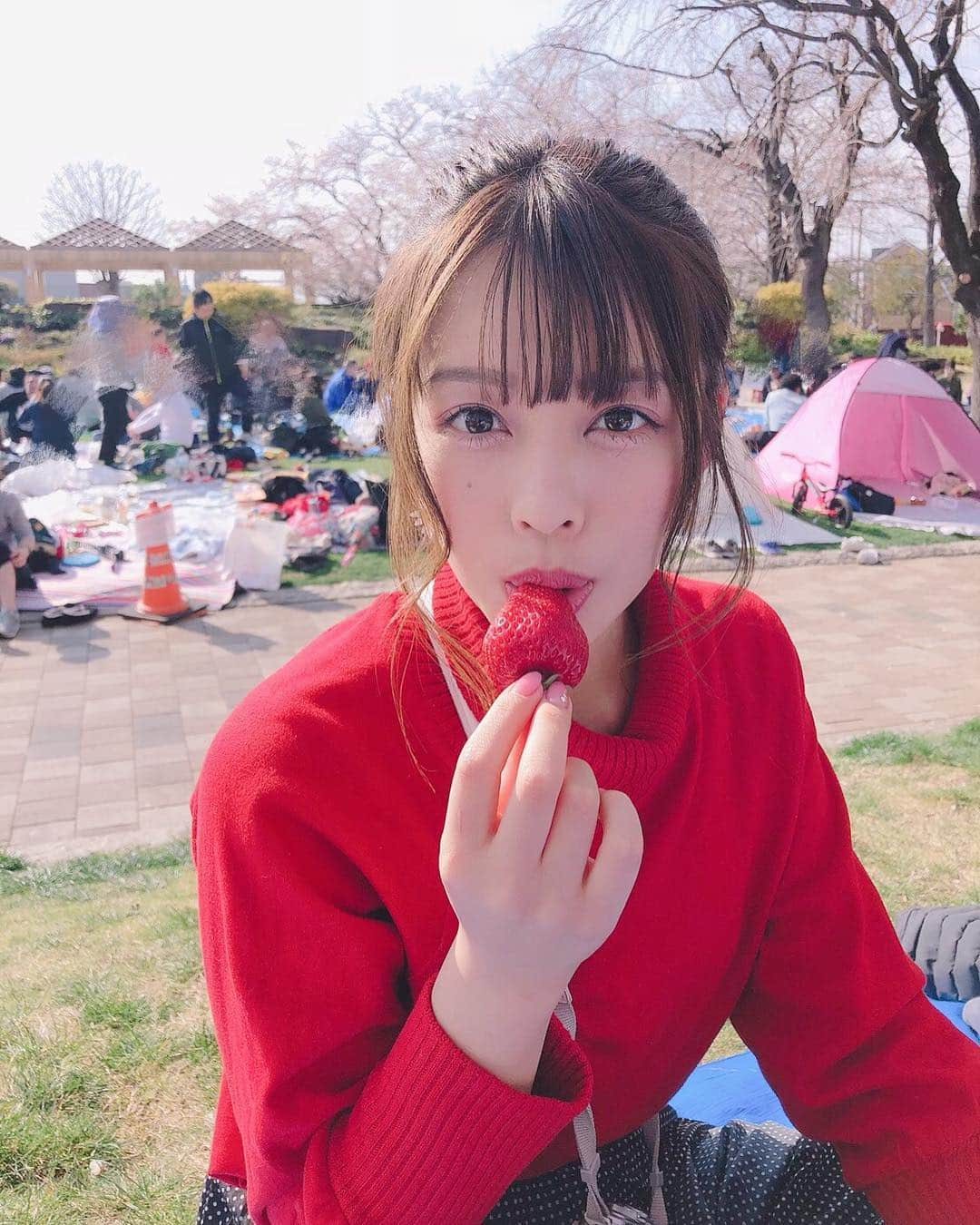 石倉侑芽さんのインスタグラム写真 - (石倉侑芽Instagram)「おはようございます💓 みんなでお花見の日の１枚🤤 . いちご🍓がトップスと同じ色で あやぴが撮ってくれた😋💖 . 今日は暖かいって聞いたから めっちゃ春な服装でお出かけ👗⭐︎ 今日も頑張るぞーっ◡̈♥︎ . #ゆめちん#いちご#赤コーデ#お花見#デート感」4月5日 8時12分 - yume8115