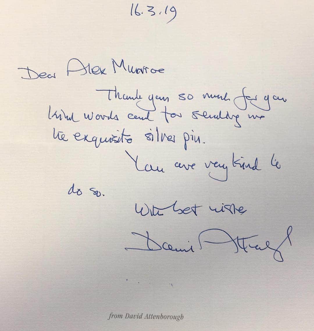 のインスタグラム：「A huge congratulations to the incredible Sir David Attenborough on the premiere of Our Planet. Here is a beautiful hand written letter we received after Alex created a whale pin (coming soon🐋) in celebration of Sir David’s wonderful achievements✨ ✍🏻 “Dear Alex Monroe, thank you so much for your kind words and for sending me the exquisite silver pin. You are very kind to do so, with best wishes, David Attenborough”✍🏻 #ourplanet #sirdavidattenborough  #thankyou #alexmonroe #planetearth  #love #netflix」