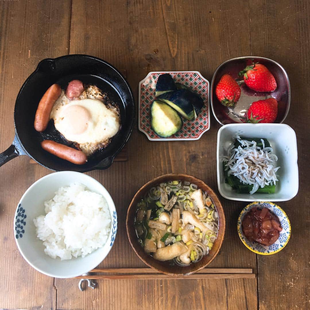 金巻ともこさんのインスタグラム写真 - (金巻ともこInstagram)「泉州水茄子いただいてうっきうきでごはん作ったけどもっと🍚欲しかったです。我慢。 #おうちごはん #泉州水茄子 #泉州水なす #ベーコンエッグ #ソーセージ #ほうれん草 #いちご #シラス #イカ明太 #味噌汁 #ニトスキ #おうちごはん金巻 #ひとりごはん」4月5日 13時37分 - tomotomoco