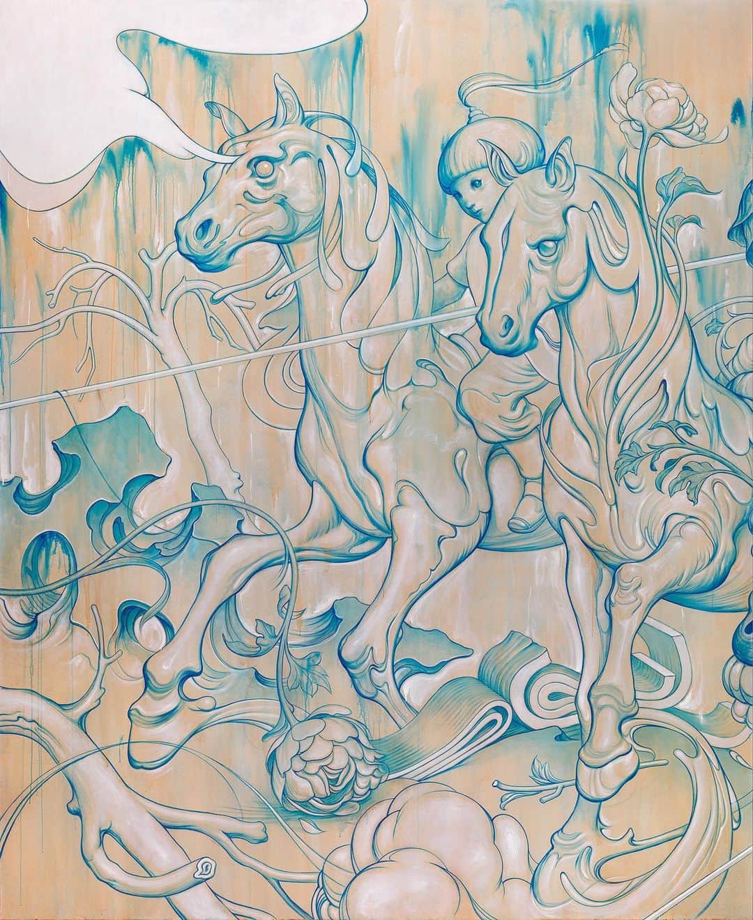ジェームス・ジーンさんのインスタグラム写真 - (ジェームス・ジーンInstagram)「⁣Stampede - Blue Wood East. Acrylic on Four Canvases, 132”H x 432”W, 2019.⠀ ⠀ @lottemuseum⠀ ⠀ Stampede references the painting, One Hundred Horses, by Guiseppe Castiglione and The Battle of Anghiari, a drawing by Leonardo da Vinci (after Peter Paul Rubens). Within the cinematic composition is a squad of eight horses, each with their own distinct rider. They are on their way to the next battle, after having survived their last encounter with the enemy. The lines and washes, rendered in phthalo blue, are reminiscent of the glazes on Korean and Chinese porcelain. The transparency of the lines and exposed canvas is one of elegant fragility, but the sweeping lines incapsulate an energy of implied momentum and violence.」4月5日 14時24分 - jamesjeanart