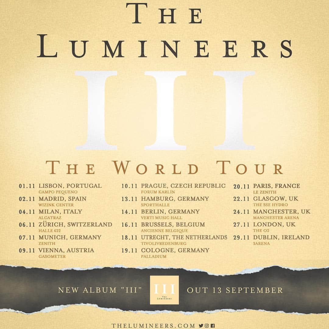 The Lumineersさんのインスタグラム写真 - (The LumineersInstagram)「We’re coming back to the UK & Europe on tour this November! Tickets go on sale next Friday April 12th. Pre-order our new album III before Tuesday April 9th for your chance to get early access to tickets. Link in bio.」4月5日 17時05分 - thelumineers