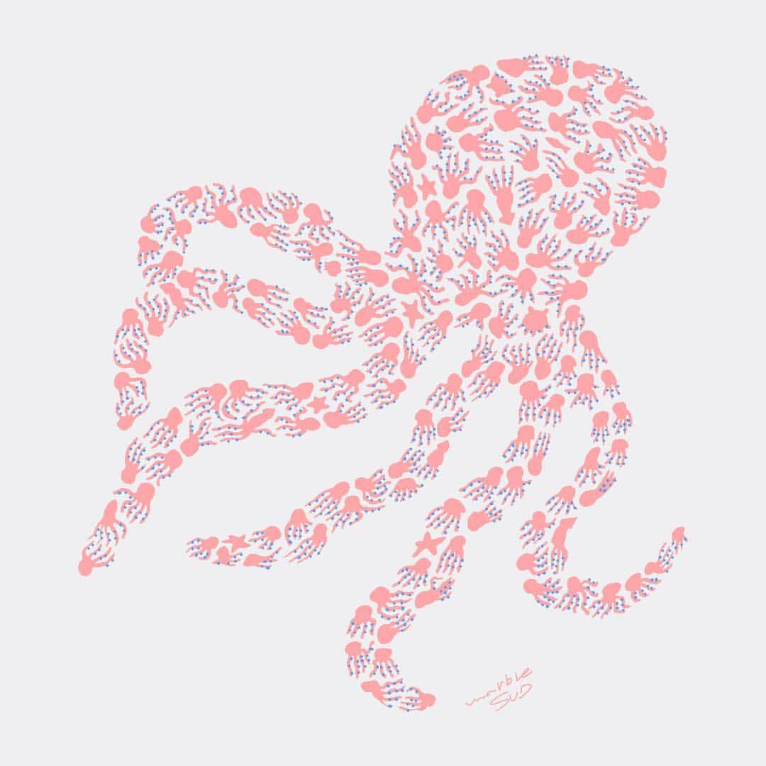 marbleSUD(マーブルシュッド) のインスタグラム：「【新作紹介】TAKO de TAKO。盛夏の最新作プリントTEEより。駄洒落のような不思議なネーミング。小さなタコたちの中に、タコといえばのあの生き物も隠れています。見つけてくださいね！ ・ #marblesud #マーブルシュッド #新作 #ファッション #tshirt #大人カジュアル #コーデ #タコ #octopus」