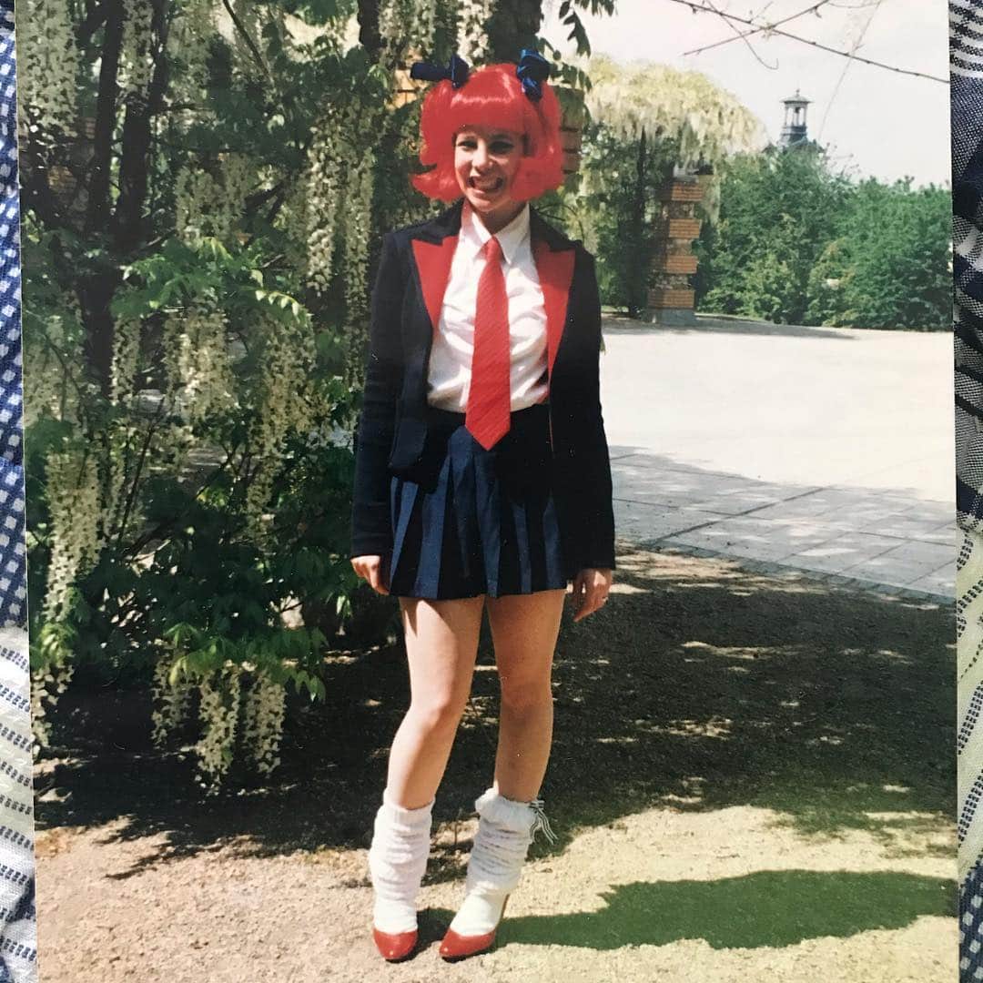 のインスタグラム：「#fbf Me, a couple decades ago, still recovering from my first trip to Japan... 😈👔👠🇯🇵👒 #manga #schoolgirl #redwig #cosplay #notsurewhatwasgoingon... #thosesockstho」