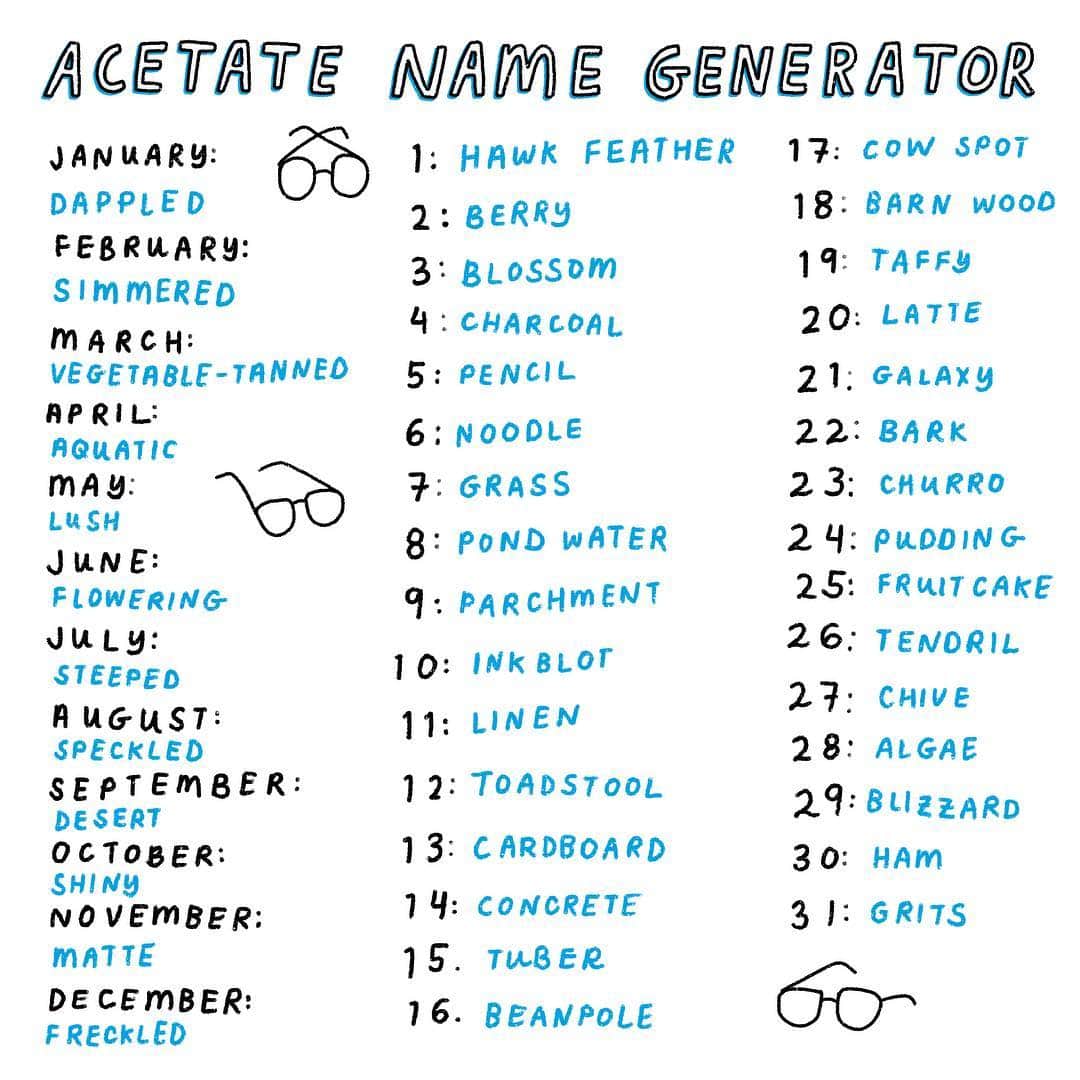 のインスタグラム：「Your birth month + your birth day = your very own "custom" acetate name 👓 Let us know what you got below! 👇」