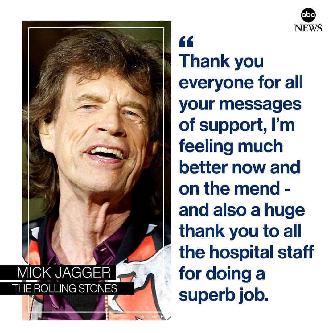 ABC Newsさんのインスタグラム写真 - (ABC NewsInstagram)「NEW: Mick Jagger expected to make full recovery after "successfully" undergoing treatment: "I’m feeling much better now and on the mend." #mick #mickjagger #jagger #stones #therollingstones #treatment #procedure #medical #tour #recovery」4月6日 3時34分 - abcnews