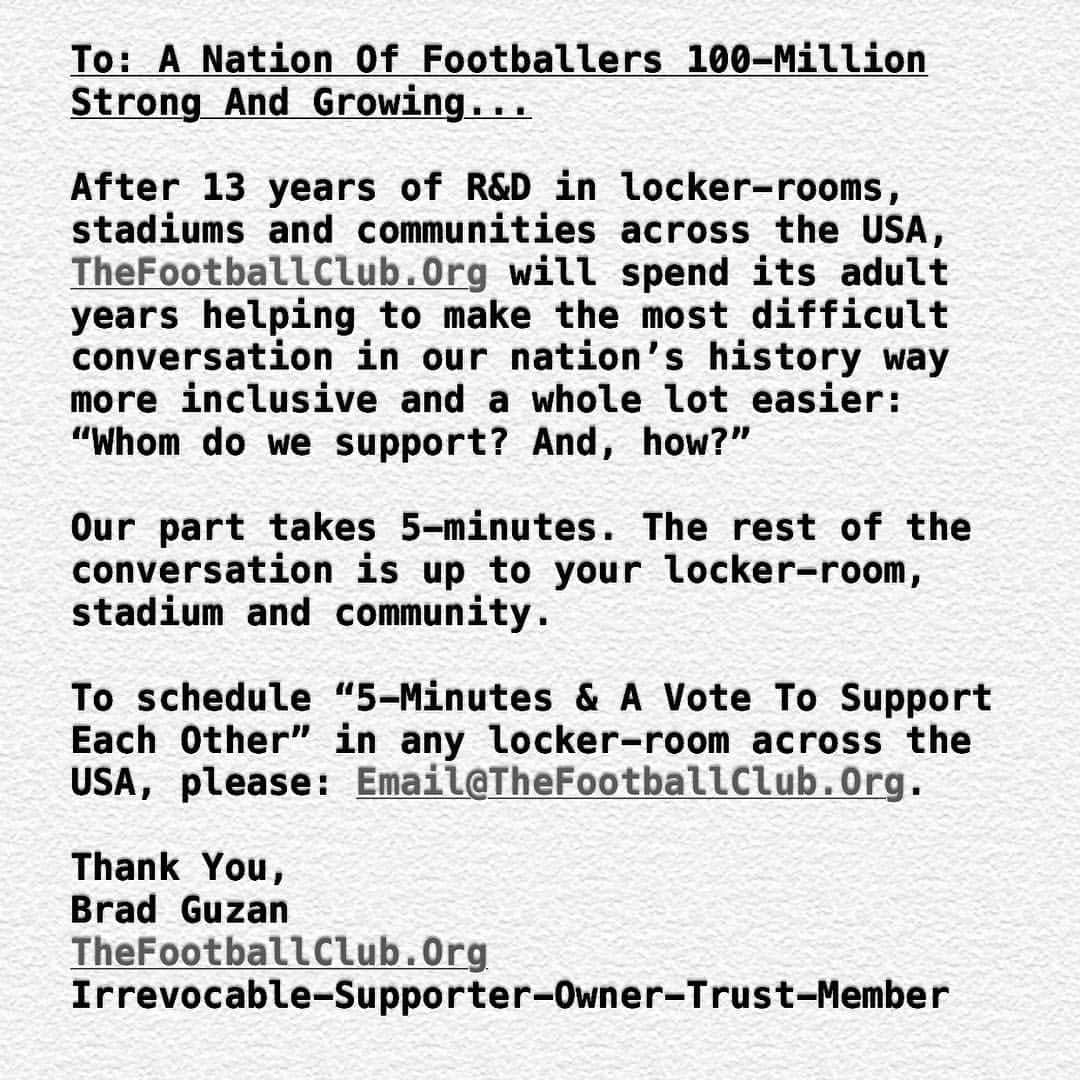 ブラッド・グザンのインスタグラム：「We Vote To Support Each Other. Will Your Locker-Room, Stadium & Community? It Starts With You: The #5Jersey. To Schedule “5-Minutes & A Vote To Support Each Other” In Any Locker-Room Across The USA, Please: Email@TheFootballClub.Org. Thank You. #Equal #Human」