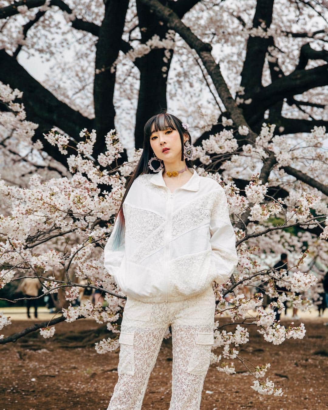 RinRinさんのインスタグラム写真 - (RinRinInstagram)「All white lace sporty outfit courtesy of @emilymalan ~ we killed two birds with one stone by doing hanami (sakura viewing) and test shooting together... but didn’t anticipate HOW COLD it would be 😂😂😂 but all in all a great day hanging out and catching up. 全身レースのスポーティ系コーデ🌸 友達と花見しながら撮影してて楽しかったけど、めっちゃ寒かったよぉーーー🙃🙃🙃 (📸 @emilymalan | except the tree, I was trying out my own camera skills😬🌸) . . Camisole: #intissimi  Lace Jacket: #xgirl Lace pants: #xgirljp  Shoes: #jennyfax Earrings: #jubileejubilee  Choker: #milhae Barrette: #mocatokyo . . #rinrindoll #rinrinootd #emilymalan #rinrinsakura #sakura #さくら #新宿御苑 #桜 #shinjukugyoen #japanesefashion #tokyofashion #harajukufashion #rinrinmodel #rinrinjapan #rinrintokyo」4月6日 17時26分 - rinrindoll