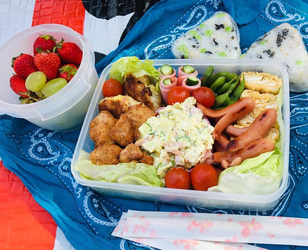 のインスタグラム：「お花見🌸  お弁当作ってピクニック気分🍙 家の裏にある桜並木。 ここにこんなに人がいる事なんて普段ないから変な感じ💦  去年の大きな台風のせいで、ここの木たちは半分くらい折れちゃって、どうなるか心配してたけど、満開っっ🌸 ソメイヨシノの生命力を感じました☺️☺️☺️ #お花見 #ピクニック弁当 #満開の桜 #桜並木道」