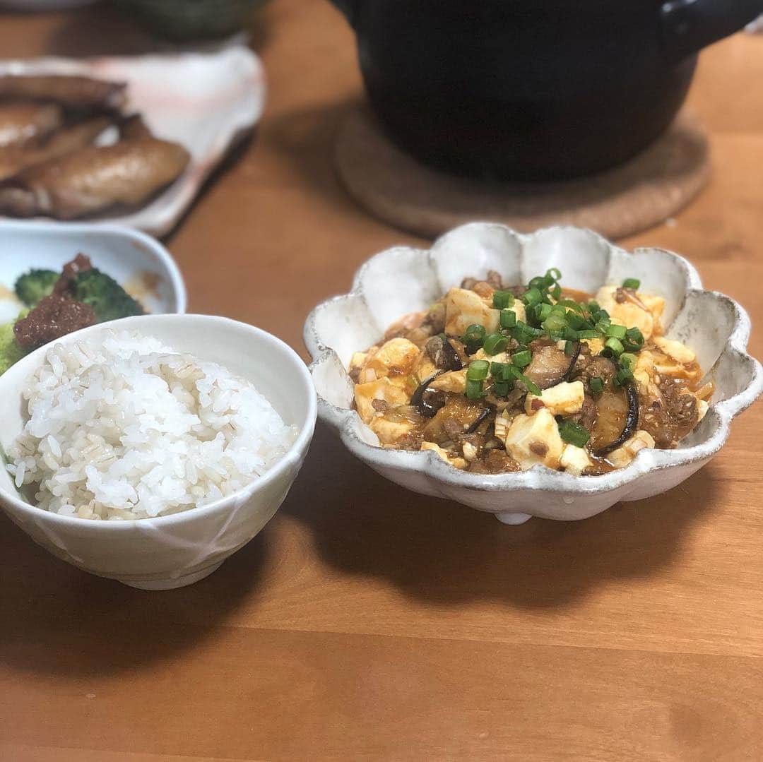 山﨑 薫のインスタグラム：「エンジニアの服部さんがすごい美味しい麻婆豆腐のレシピを教えてくれたので、今日の晩御飯は麻婆豆腐。 豆豉醬も甜麺醤も家になかったからオイスターソースと美味しい味醂で代用。 空心の豆板醤だけは冷蔵庫にあったので、味に深みが出ました。 仕上げに、中国土産の花椒を砕いて投下。 香り立つ麻婆豆腐は熱々のもち麦土鍋ご飯と相性バッチリ👍 久々に料理したら、気持ちも落ち着いて、動的瞑想時間の必要性を実感。 #麻婆豆腐 #空心の豆板醤 #おうちごはん #もち麦ごはん」