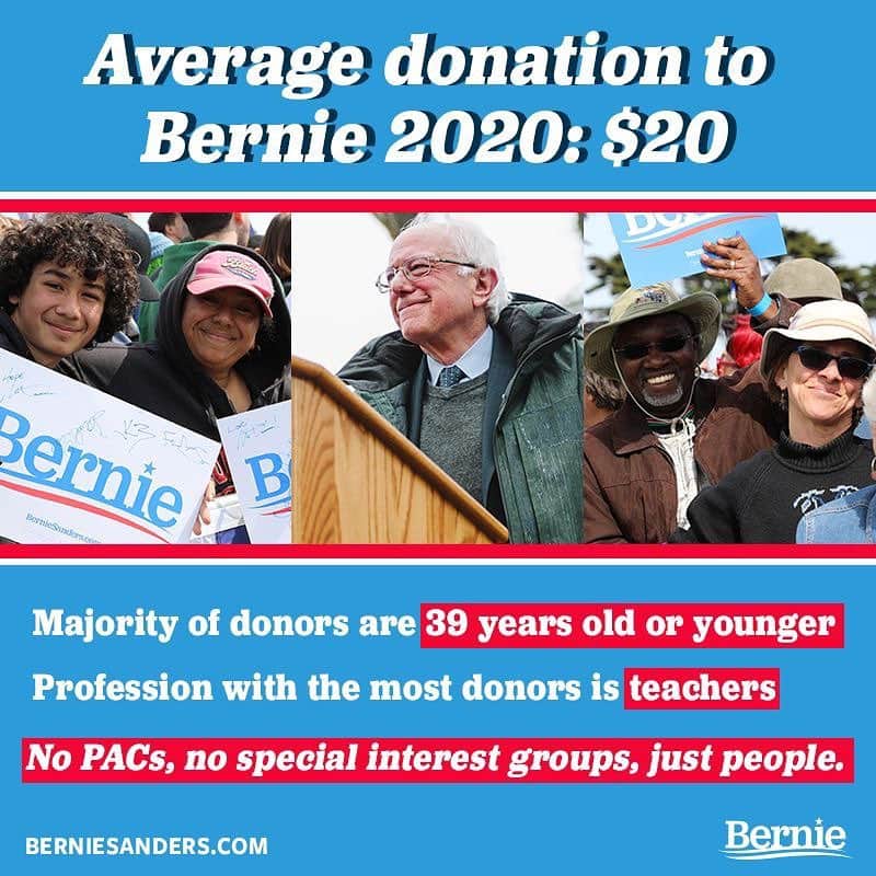 バーニー・サンダースさんのインスタグラム写真 - (バーニー・サンダースInstagram)「An incredible 525,000 people have already contributed to our campaign. The most common profession? Teachers. The average donation? Just $20. This campaign is about all of us—not billionaire donors and Super PACs. #bernie2020 #notmeus」4月6日 23時37分 - berniesanders