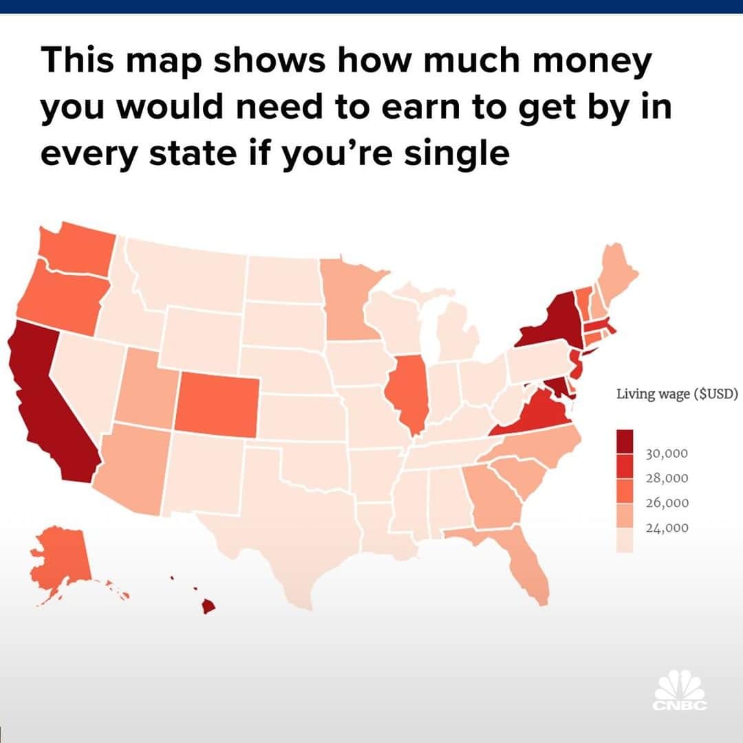 のインスタグラム：「Depending on where you live, the amount of money you need to make to get by varies by a lot.⁣ ⁣ If you live in Indiana, for example, you can manage on just over $23,000. But making ends meet in California takes at least $30,000 a year, and even more in New York.⁣ ⁣ The data comes from MIT’s living wage calculator, which factors necessities like food, housing and health insurance into the living wage.⁣ ⁣ To find out the living wage in your state, click the link in bio.⁣ ⁣ ⁣ *⁣ *⁣ *⁣ *⁣ *⁣ *⁣ *⁣ *⁣ ⁣ #wage #salary #money #california #indiana #livingwage #poverty #wealth #business #businessnews #cnbc⁣」