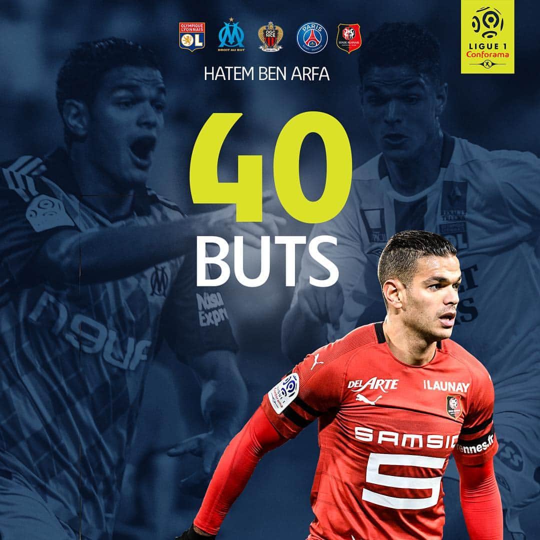 リーグ・アンさんのインスタグラム写真 - (リーグ・アンInstagram)「💫 Le talentueux Hatem #BenArfa vient d'inscrire son 40e but en #Ligue1Conforama ⚽️ ! 👕 7 réalisations avec les Gones 🦁 👕 9 sous le maillot phocéen 🔵⚪️ 👕 17 avec les Aiglons 🦅 👕 Et 7 avec le #StadeRennaisFC 🔴⚫️ Parmi ces 40 buts, lequel vous a le plus marqué 😍 ?」4月7日 4時46分 - ligue1ubereats