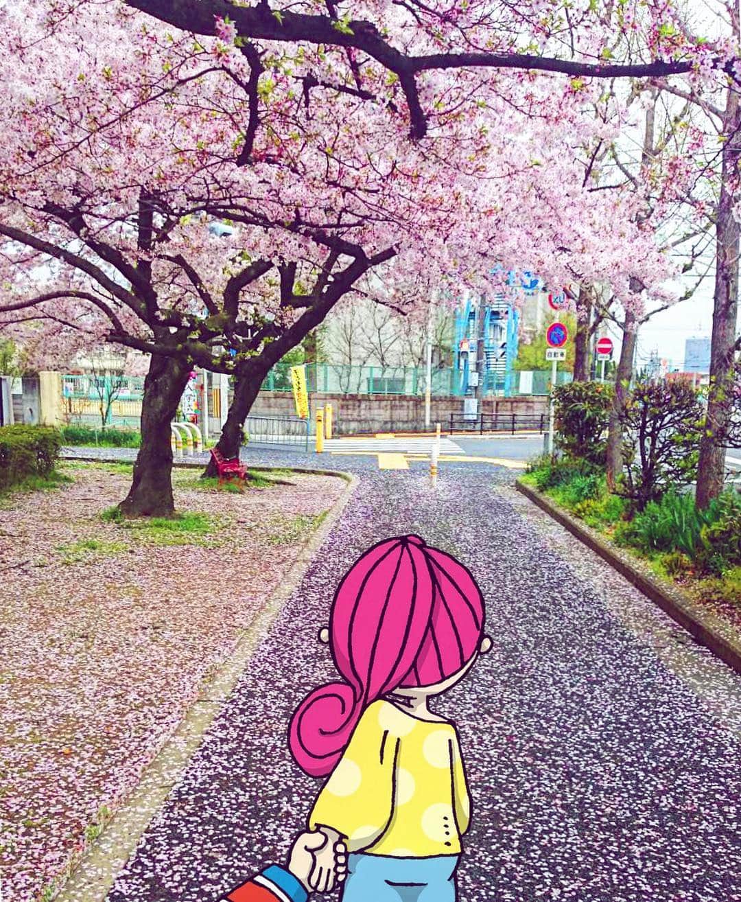 のインスタグラム：「After the rain. Honestly I don't remember where I took this one... . 雨上がりの桜道🌸 どこやったっけな?? . #sakura #桜 #withOsakaBob #OSAKA #maido」