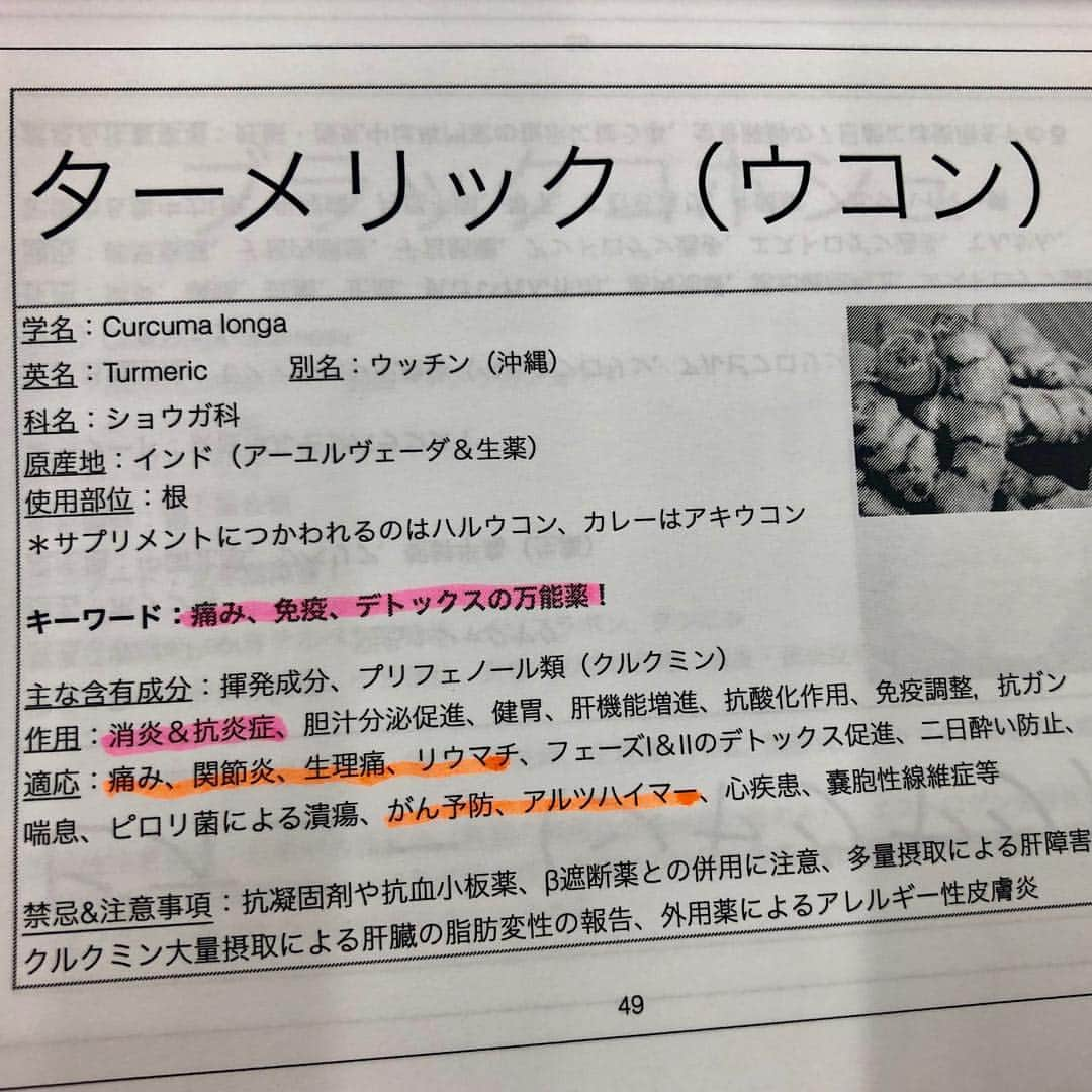 黒田愛美さんのインスタグラム写真 - (黒田愛美Instagram)「私が、ドレッシングやピクルスなどいろんなものによく使っている #ターメリック #ウコン #クルクミン #抗酸化 #抗炎症 #抗がん #デトックス などなど たくさんの嬉しい効果があります😊 今日の #メディカルハーブ のセミナーでも出てきたよ😁 #分子栄養学実践講座 #分子栄養学 #美容アンチエイジング専門医 #黒田愛美」4月7日 15時10分 - kurodaaimi