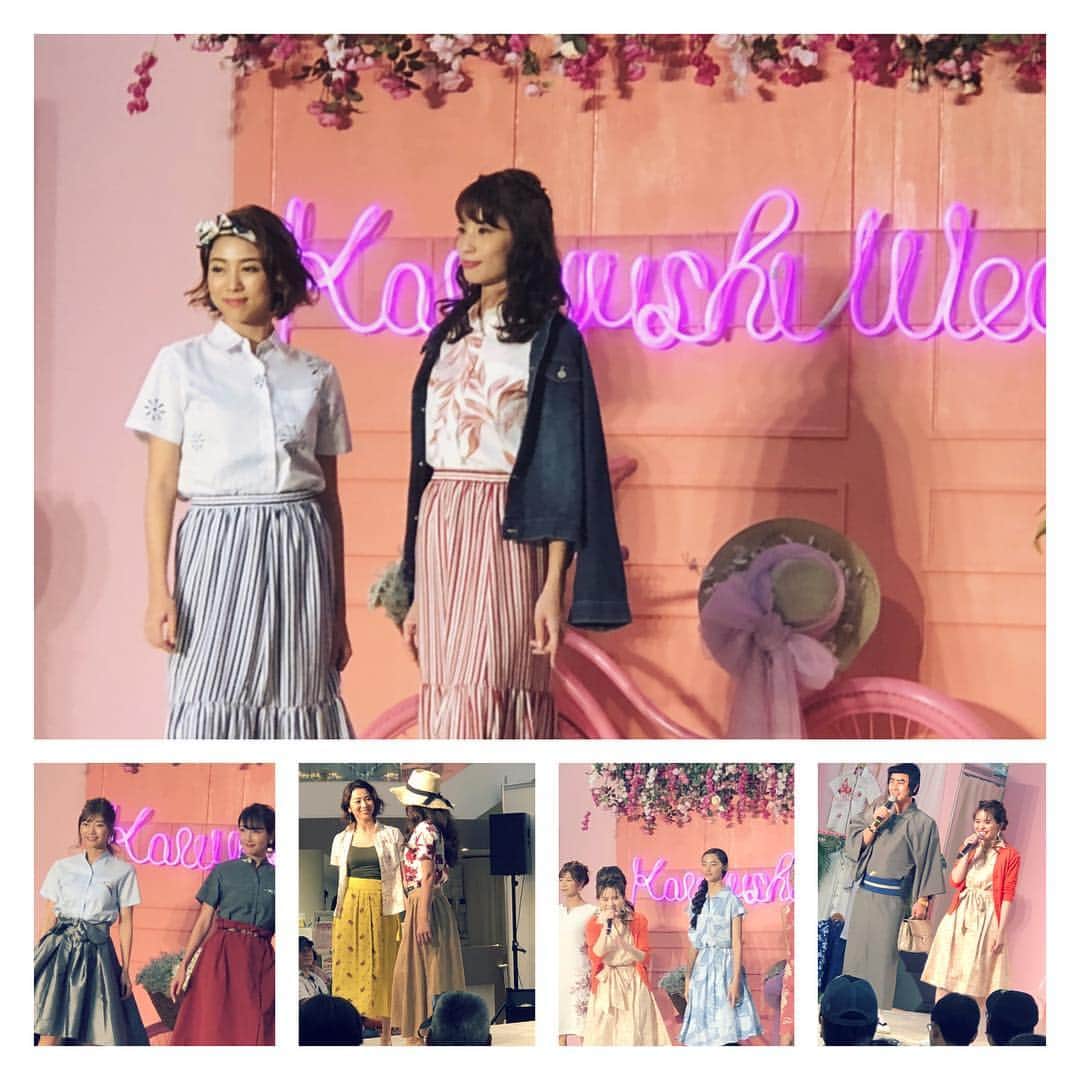 be-o編集部のインスタグラム：「🌺サンエーレディースかりゆしファッションショー2019🌺  前半の部、観て来ました✨栄昇先生のMCで始まり『私のサンエーかりゆしウェア🎶』でお馴染みの比花千春さんの生ライブ、かりゆしとトレンドを組み合わせた最旬コーデに終始大興奮のファッションショーでした‼️🐦また、ショーの最後には、かりゆしウエアの割引券があたる特別抽選会もありました✨  みなさん、ラッキーなことに16:00の回がまだありますよ！！是非、那覇メインプレイスに行ってみてね🚘＝3  #beautyokinawa #fashion #かりゆしウェア ＃かりゆしコーデ＃サンエー#サンエー那覇メインプレイス」