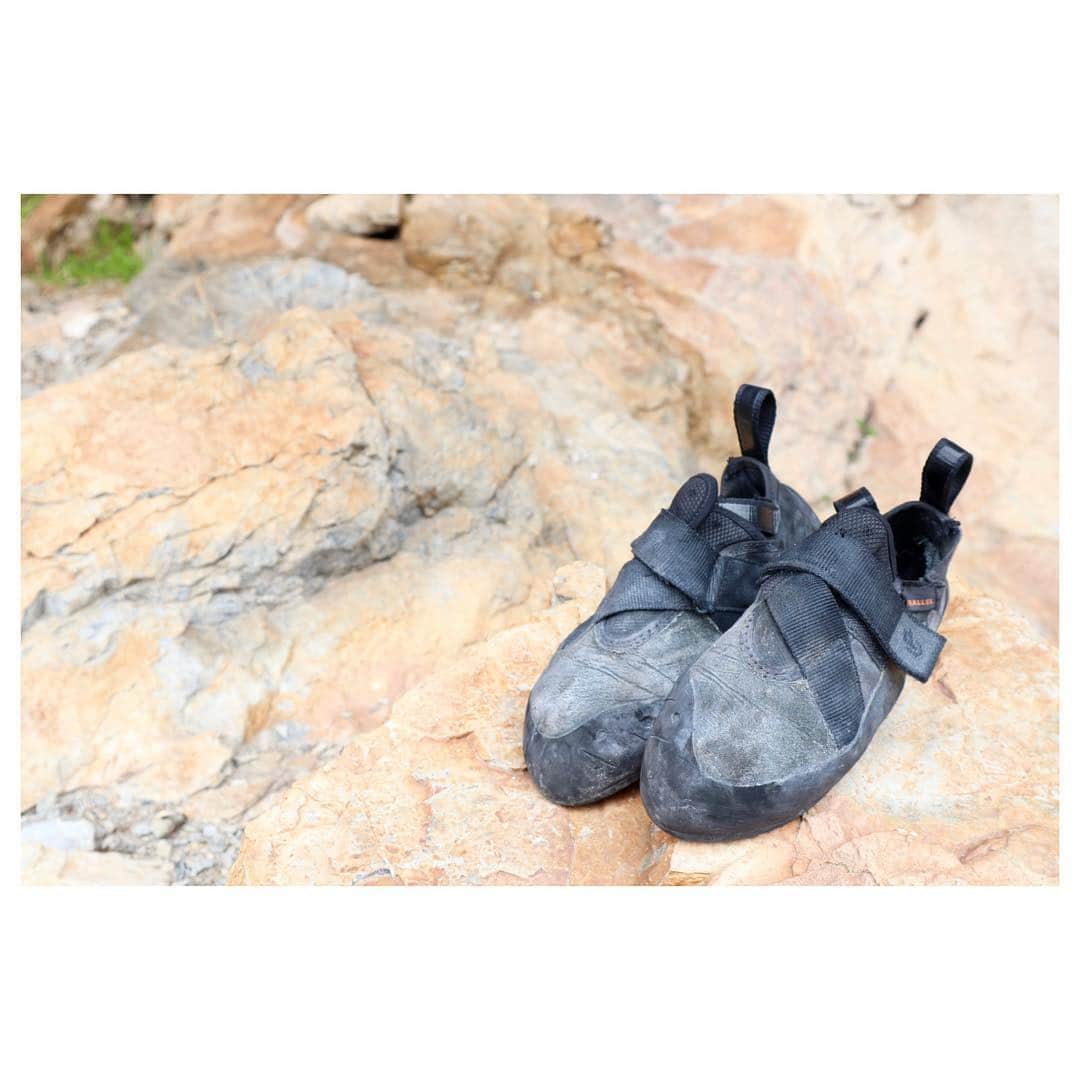 小林由佳のインスタグラム：「「VEGA」by @unparallelup ・ ▷RS rubber ▷UP paint rubber ▷Medium stiffness midsole ▷Lined synthetic upper ・ after climb on limestone,  getting better and better friction with such a pattern. I like this moment what I make good in shape for my climbing shoes👟😉 ・ 石灰岩でシューズを仕上げていくと 不思議とこーゆう模様ができてよりフリクションが増してく。 このシューズを育てていく過程は結構すき¨̮ ・ ちなみにVEGAはつま先よりもサイズを踵に合わせると 私はすごく🙆🏻‍♀️です♡ ・ ☞Next Post 「REGULUS LV」」