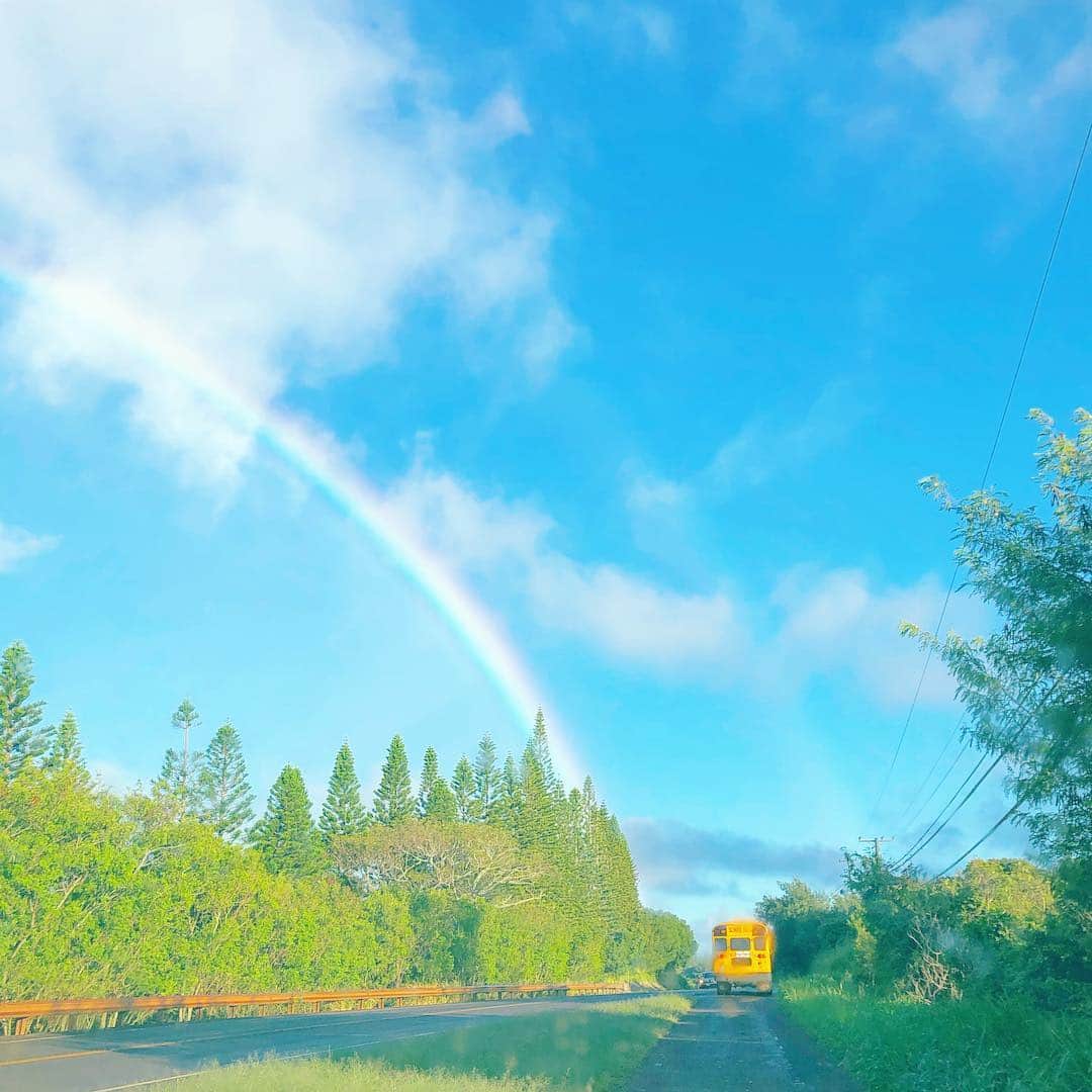 のインスタグラム：「Day of Rainbow  虹の日/スクールバスの後姿。  #island #earth #beach #ocean #enlightenment #eternity #light #pink #life #live ##surf #miyakoyamazaki #山崎美弥子」