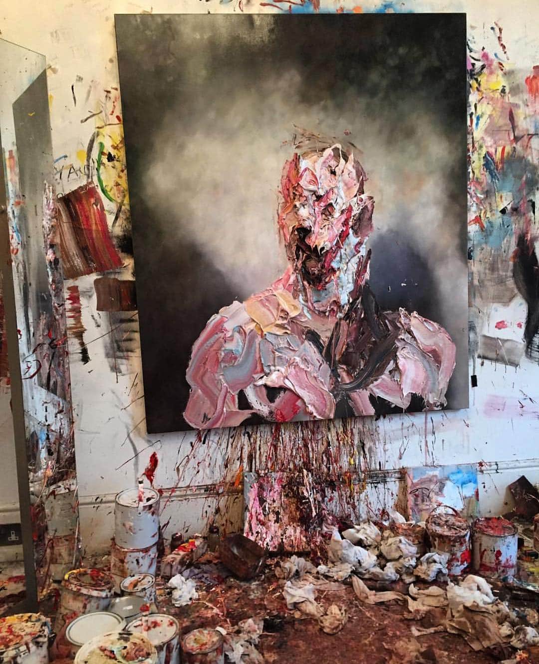 Juxtapoz Magazineさんのインスタグラム写真 - (Juxtapoz MagazineInstagram)「“My studio always looks a mess to other people, but I always know where things are, roughly. The nature of how much paint I use doesn't help the situation. At least a third of what I throw onto the canvas falls off, so it wouldn't make any sense to clean the studio after every painting session, as it all takes hours to clean up only to be repeated the next morning.” — @antonymicallef in the Spring 19 @juxtapozmag」4月8日 1時41分 - juxtapozmag
