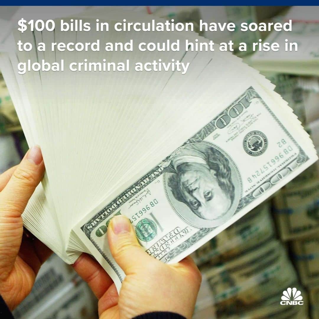 のインスタグラム：「Demand for high-denomination U.S. bills is not slowing down, despite less demand for cash in general.⁣ ⁣ The number of $100 bills in circulation across the globe hit its highest level in history last year, according to new data from the Fed released this week. That total grew by about 7%, or $92 billion year over year, to a record $1.3 trillion worth.⁣ ⁣ Some say the surge in $100 bills in the past decade may be a sign that global corruption is alive and well. These high denomination bills tend to be the currency of choice for criminals because there’s no transaction record, and total anonymity.⁣ ⁣ You can read more, at the link in bio.」