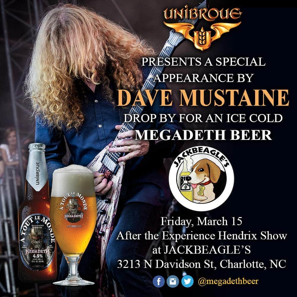 Megadethさんのインスタグラム写真 - (MegadethInstagram)「Dave Mustaine will be making an appearance at @JackBeagles in Charlotte, NC on Friday, March 15, after the #ExperienceHendrix show! Come on down for a cold À Tout le Monde #MegadethBeer!」3月15日 7時44分 - megadeth