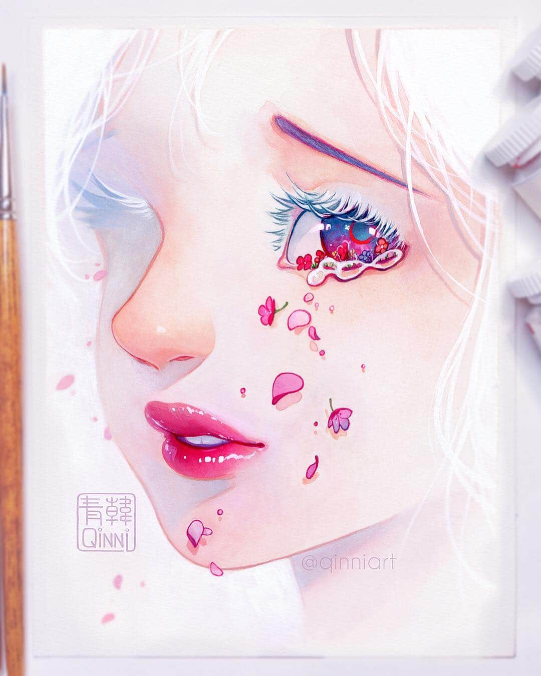 Qing Hanさんのインスタグラム写真 - (Qing HanInstagram)「Flower drops💧🌸 • • • This was an gouache+watercolour experiment on hot-press watercolour paper, since I've never used hot-press before, and it really kinda morphed from just an eye into a full face sorta lmao ~ I filmed the process for this painting, though editing takes such a long time I'm not sure if I'm up to it, since my back pain is pretty bad. Also, I found out the reason for my back pain is cause of my heart surgeries hahaha. Apparently during open heart surgery, they kinda bend the ribs open and since the rib goes around to the back and the spine, it can fuck up the back. Sometimes ribs can even be broken so the surgeon can get to the heart better...so yeah, massages doesn't really help me anymore either so that's fun lol. I kinda want to try topical cannabis oil haha. I'll ask the next time I see my cardiologist. I already got the ok from the pre-transplant clinic cardiologist, but it's always good to make sure :p Thanks for sticking around guys :3 • • • #painting #illustration #flowers #tears #watercolor」3月15日 7時53分 - qinniart