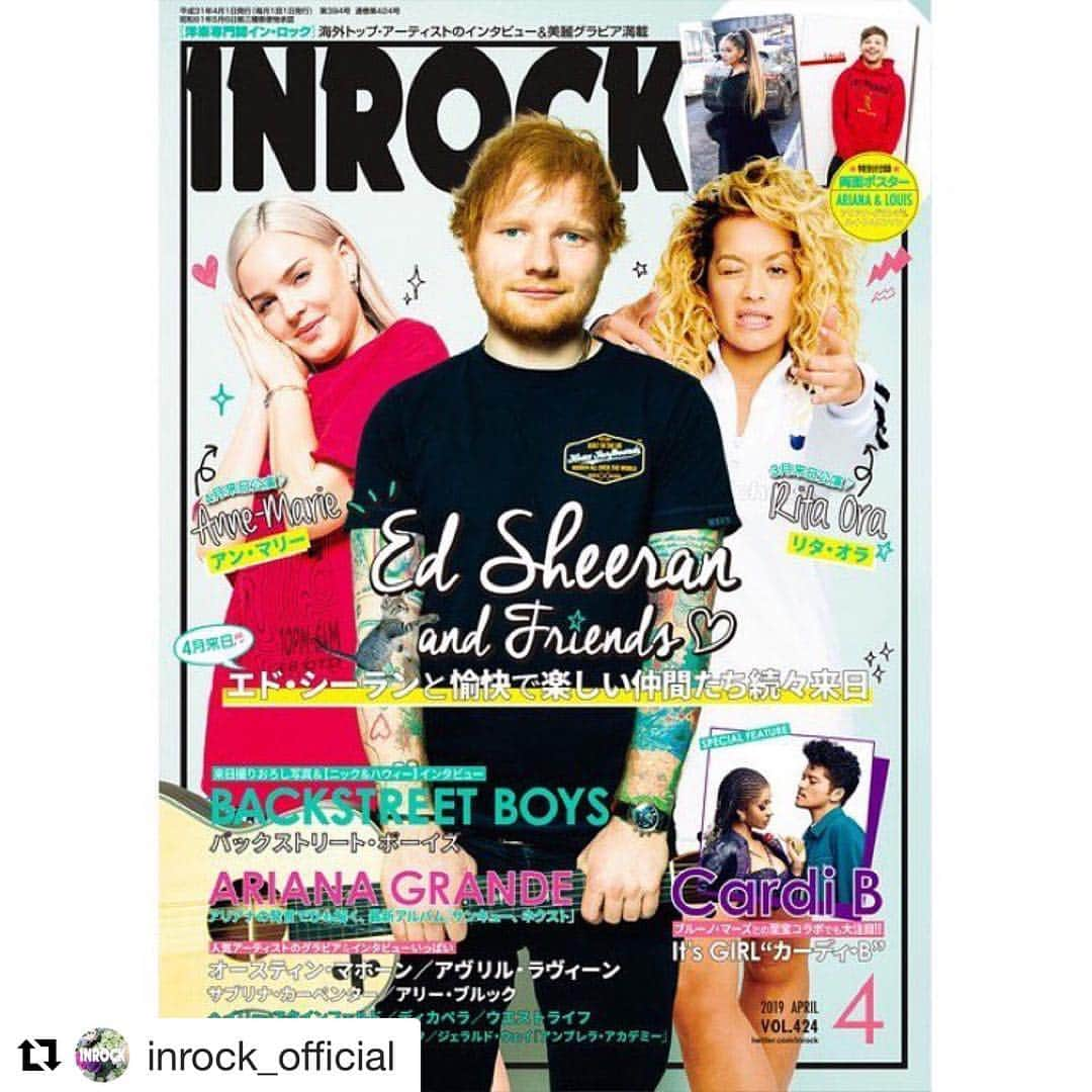 大島央照さんのインスタグラム写真 - (大島央照Instagram)「本日発売！INROCK。エド・シーラン @teddysphotos アン・マリー @annemarie バックストリート・ボーイズ @backstreetboys 撮影させていただきました！是非ご覧ください😊✨ Repost @inrock_official with @get_repost ・・・ +++++++ ⭐️3月15日発売 イン・ロック4月号⭐️ 表紙には3月・4月と来日公演が続く、エド・シーラン、リタ・オラ、アン・マリーが登場🎉 . エドは来日記念特別企画！彼が提供した数々の名曲・ヒット曲特集の他、イン・ロック独占インタビュー集第一弾として、2012年&2013年を振り返ります。 リタ・オラとアン・マリーは独占インタビューをお届け❤️ . バックストリート・ボーイズは、ニック＆ハウィー組来日インタビュー！先月号に続き、撮りおろし写真も豪華✨ . インタビュー掲載は、アヴリル・ラヴィーン、オースティン・マホーン、ヘイリー・スタインフェルド、アリー・ブルック、ディカペラなども💕 . この他、大ヒット・アルバム「サンキュー、ネクスト」をアリアナの発言で追ったり、時代の寵児カーディ・Bを大分析したり、ルイ・トムリンソン、ナイル・ホーラン、サブリナ・カーペンターなどの近況をチェックしたり、今月も乞うご期待‼️ . 付録は、アリアナ＆ルイ両面ポスターです。 . . . #INROCK #インロック #edsheeran #エドシーラン #ritaora #リタオラ #annemarie #アンマリー #avrillavigne #アヴリルラヴィーン #backstreetboys #バックストリートボーイズ #arianagrande #アリアナグランデ #austinmahone #オースティンマホーン #cardib #カーディB #haileesteinfeld #ヘイリースタインヘルド #allybrooke #アリーブルック #niallhoran #ナイルホーラン #louistomlinson #ルイトムリソン #sabrinacarpenter #サブリナカーペンター #adamlambert #アダムランバート」3月15日 9時08分 - chiakioshima