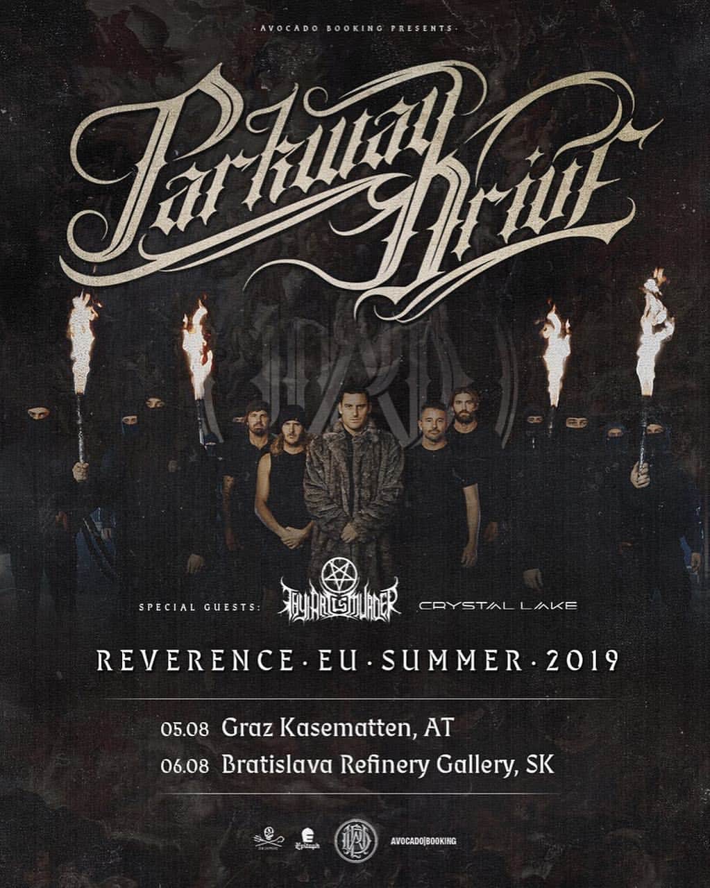 のインスタグラム：「NEWS: We’re super excited to announce that we’ll be joining @parkwaydriveofficial “Reverence EU Summer Tour 2019” with @thyartinstagram  Here is the dates: Aug 5 - Graz Kasematten - Austria 🇦🇹. Aug 6 - Bratislava Refinery Gallery - Slovakia 🇸🇰 #ParkwayDrive #ThyArtIsMuder #CrystalLake」