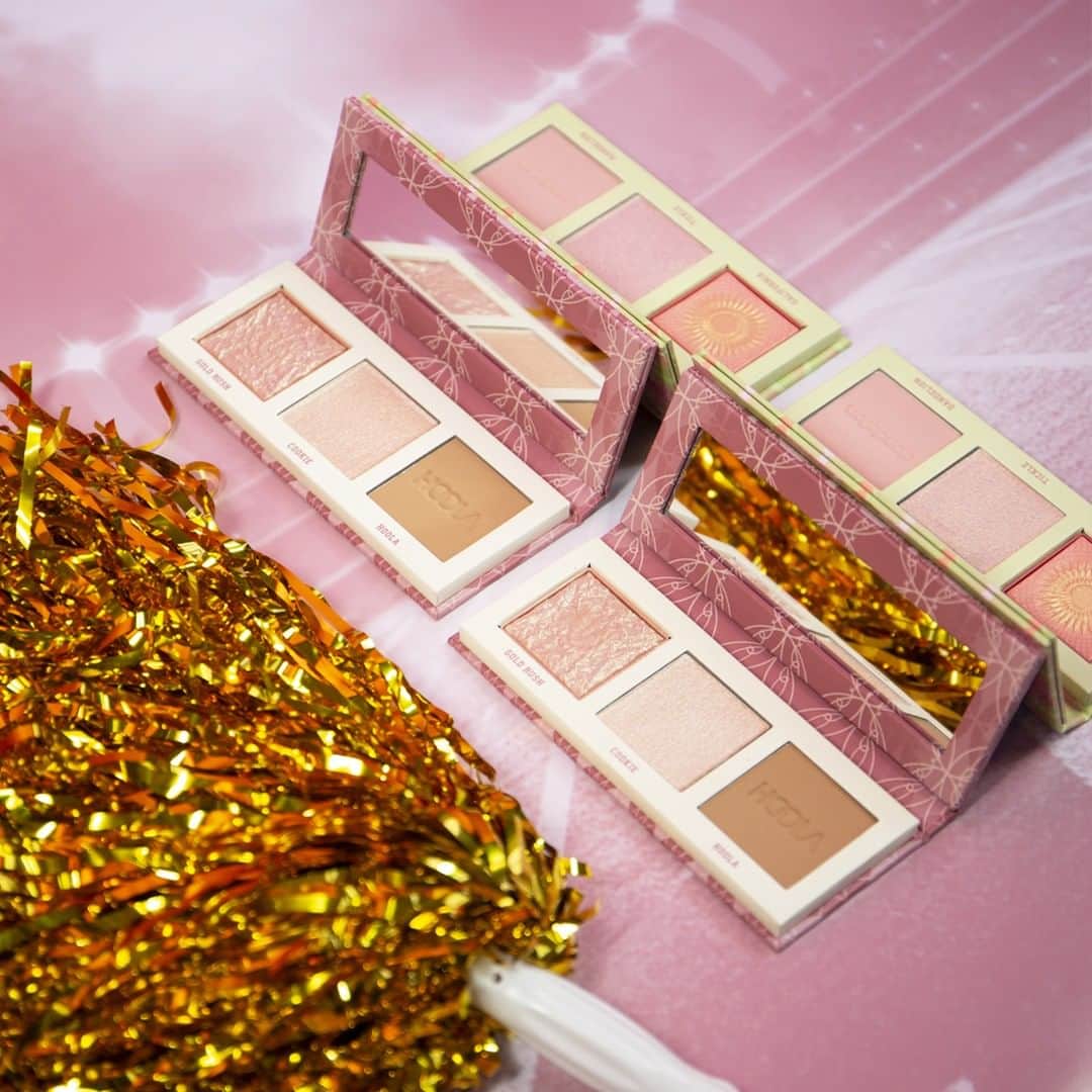 のインスタグラム：「Show your team spirit and comment with a 😍 if you're rooting for the BRONZE squad! #cheekleaders #benefit #beauty #bronzesquad. . .  Image Description: CHeekleaders bronze squad palette in mini size next to gold cheerleaders poms-poms」