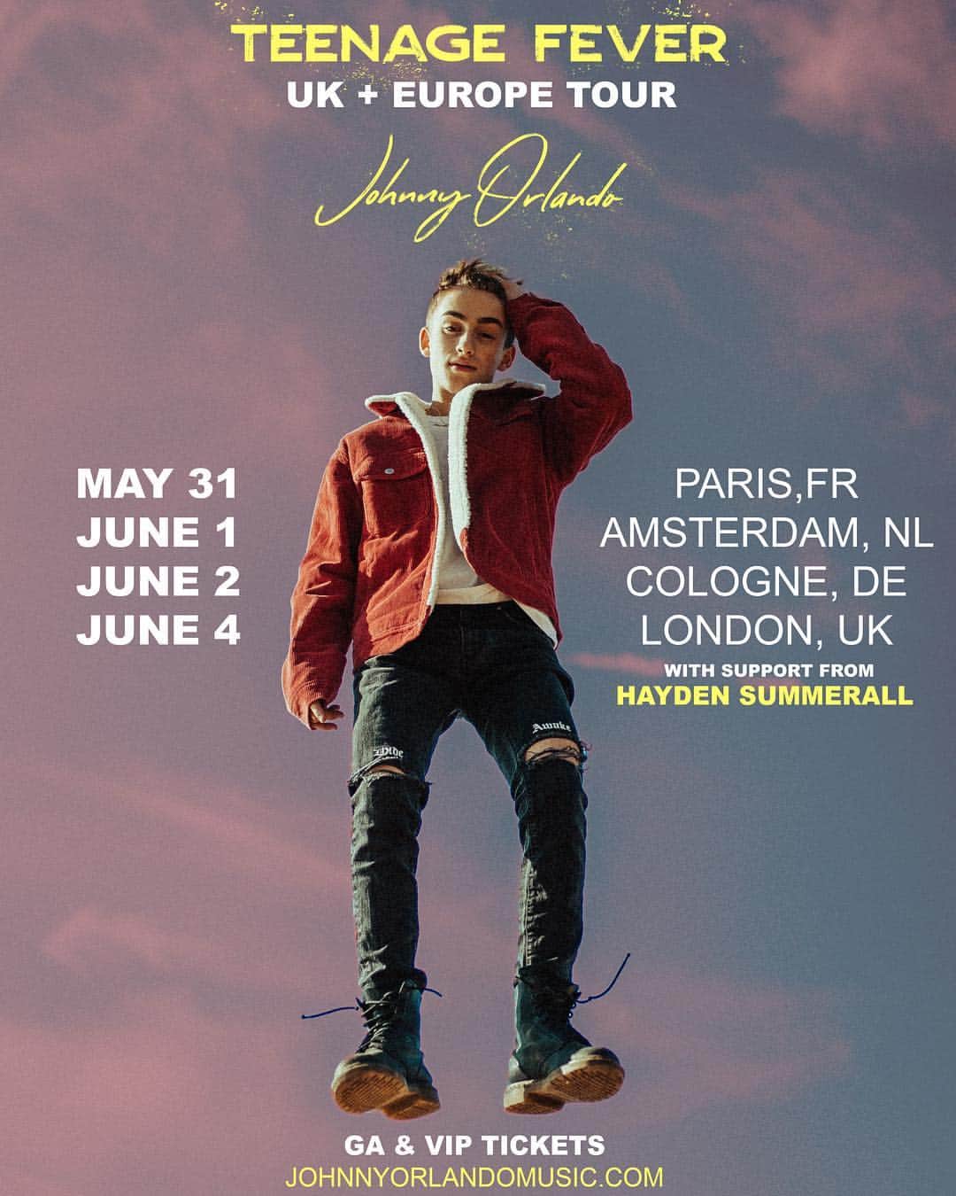 ジョニー・オーランドのインスタグラム：「added a few shows over seas to the #TeenageFeverTour tickets on sale MONDAY MARCH 18TH @ 9am local. 🖤」