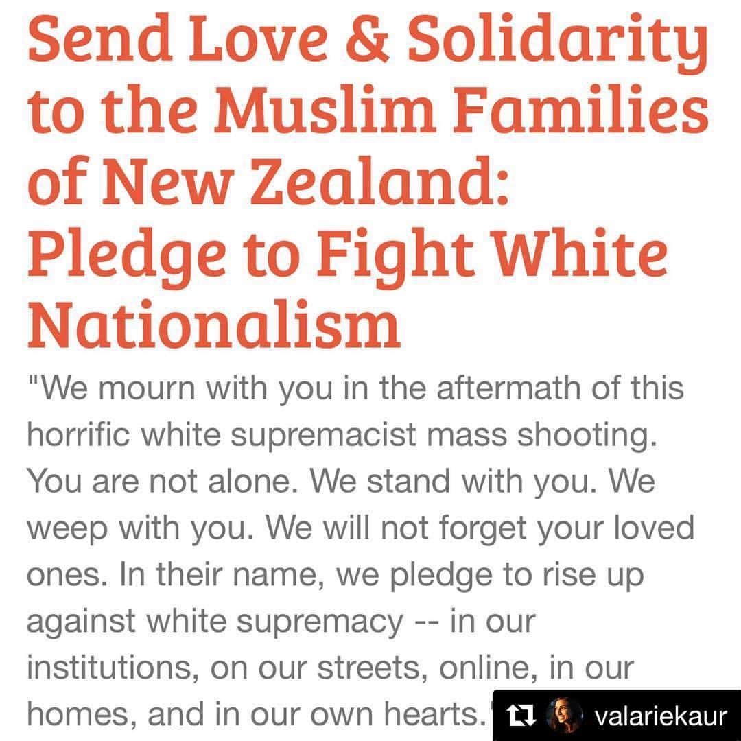 キャメロン・ラッセルさんのインスタグラム写真 - (キャメロン・ラッセルInstagram)「#Repost @valariekaur ・・・ Deep breath. We are collecting messages of love and solidarity to deliver directly to the Muslim families of Christchurch. Please take a moment to add your name and send them your words: LINK IN BIO. . White nationalism is a global epidemic. Now is the time for worldwide solidarity. At this moment, Muslim and Sikh Americans are preparing for heightened security at our houses of worship across the U.S. this weekend. We need your support more than ever. More ways to help: . 1. Call or text a friend who is Muslim or Sikh. Let them know they are not alone. . 2. Visit a mosque or gurdwara near you and leave a sign or flowers to show your love and solidarity. . 3. Donate to the victims and families of this massacre: LINK IN BIO . 4. Breathe. This news triggers previous traumas. I am transported back to the Oak Creek gurdwara. I see the blood of Sikh uncles and aunties in the prayer hall. What helped me breathe then is what helps me breathe now: love. Love as sustained practical care. Love as courage. Love each other. . If people in your life are hurting right now and need this message, share the LINK IN BIO with them. This is a time to take one another's hand. I hold yours. #ChristchurchMosqueAttack #RevolutionaryLove」3月15日 23時26分 - cameronrussell