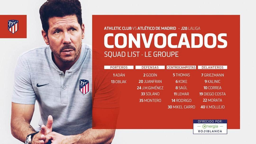 アトレティコ・マドリードさんのインスタグラム写真 - (アトレティコ・マドリードInstagram)「📋 | CONVOCATORIA ¡Ésta es la lista de @Simeone para el #AthleticAtleti!👇 - 📋 | SQUAD LIST Here is Simeone's list for Saturday's game against Athletic!👇 - 📋 | LE GROUPE 🏧 Les convoqués pour aller affronter l’Athletic! 🔴⚪🔴 #AúpaAtleti #Atleti #Atlético #AtléticoDeMadrid #LaLiga #Soccer #Football #Fútbol」3月16日 2時03分 - atleticodemadrid