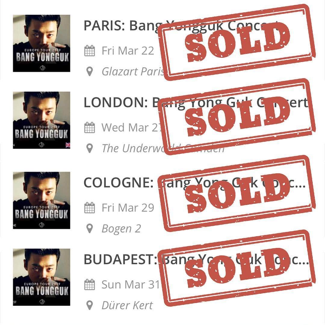 バン・ヨングクのインスタグラム：「4 countries sold out. thank you for all your support. #BANGYONGGUK#2019EUTOUR」