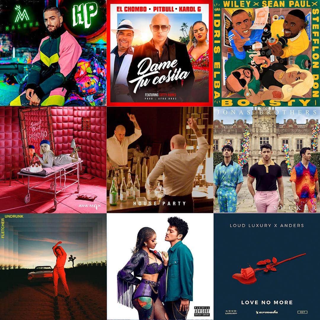 ピットブルのインスタグラム：「Got just the right thing for an unforgettable night –– new tracks added to the @spotify house party playlist including @iamcardib + @brunomars, @jonasbrothers, @wiley__, @maluma and more. 🔥 🎶 Link in bio to stream now. Dale!」