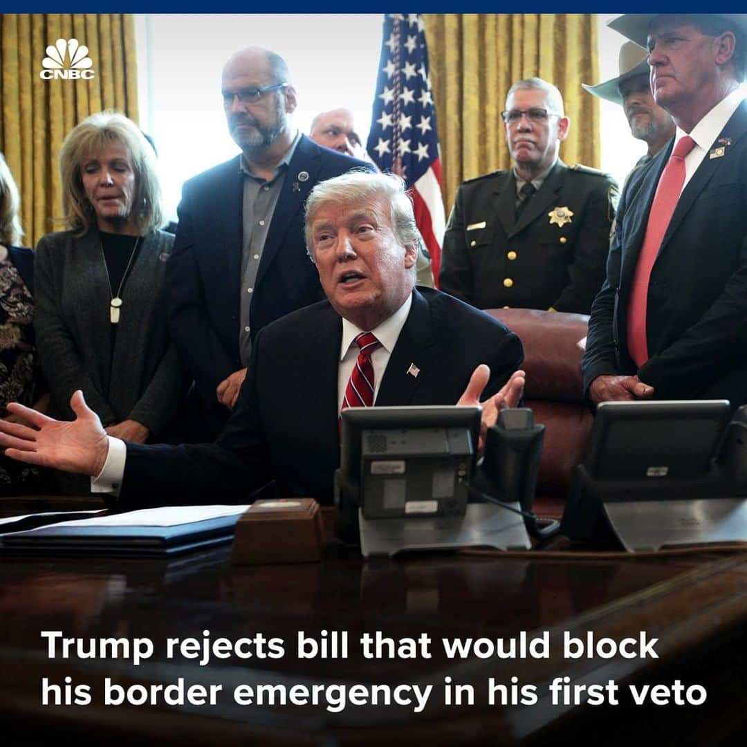 CNBCさんのインスタグラム写真 - (CNBCInstagram)「President Donald Trump has rejected a bill that would end the national emergency he declared at the southern U.S. border.⁣ ⁣ ⁣ The GOP-controlled Senate dealt a blow to Trump on Thursday, when 12 Republicans joined with Democrats in voting to terminate his emergency declaration.⁣ ⁣ ⁣ While the Democratic-held House could try to override his opposition, neither chamber of Congress appears to have enough support to reach the two-thirds majority needed.⁣ ⁣ ⁣ This is the president's first veto since he entered the White House.⁣ ⁣ ⁣ You can read more, at the link in bio.⁣ ⁣ *⁣ *⁣ *⁣ *⁣ *⁣ *⁣ *⁣ *⁣ ⁣ #President #Trump #Veto #WhiteHouse #Congress #Emergency #Border #USBorder #Wall #Politics #CNBC ⁣」3月16日 5時08分 - cnbc