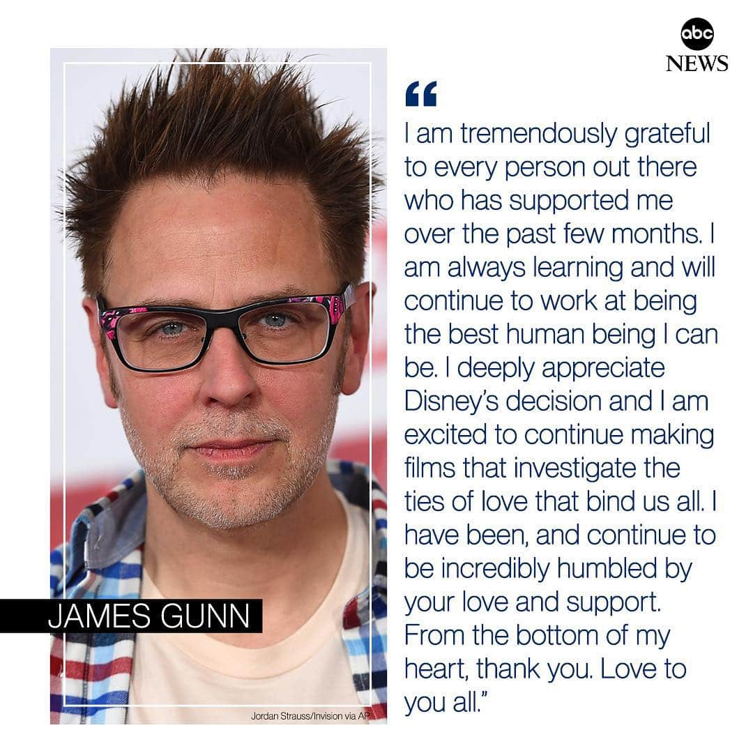 ABC Newsさんのインスタグラム写真 - (ABC NewsInstagram)「James Gunn on being rehired as director of "Guardians of the Galaxy Vol. 3": "I deeply appreciate Disney's decision and I am excited to continue making films that investigate the ties of love that bind us all." #guardiansofthegalaxy #marvel #directing #disney #jamesgunn #gunn」3月16日 5時56分 - abcnews