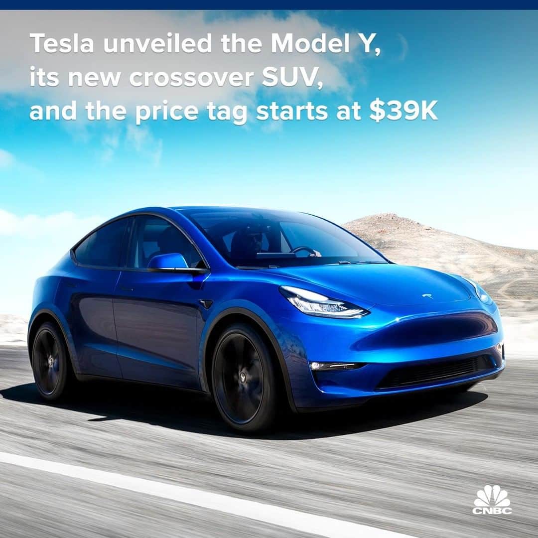 のインスタグラム：「Tesla’s latest electric vehicle, the Model Y is a crossover SUV that will cost from $39,000 to $60,000 depending on configuration.⁣ ⁣ ⁣ The Model Y is about 10% bigger than the Model 3. It seats seven, features a panoramic glass roof and 66 cubic feet of cargo space. The company plans to produce four different versions of the new SUV.⁣ ⁣ ⁣ Demand for sport utility vehicles in the United States has been high over the past few years. New models have flooded the market, looking to unseat best-sellers like the Toyota RAV 4, Nissan Rogue or Honda CR-V.⁣ ⁣ ⁣ You can read more on the Model Y, at the link in bio.⁣ ⁣ *⁣ *⁣ *⁣ *⁣ *⁣ *⁣ *⁣ *⁣ ⁣ #Tesla #ModelY #SUV #ElectricCar #ElectricVehicle #Model3 #ElonMusk #Musk #Autos #Auto #Vehicle #Car #Tech #Technology」