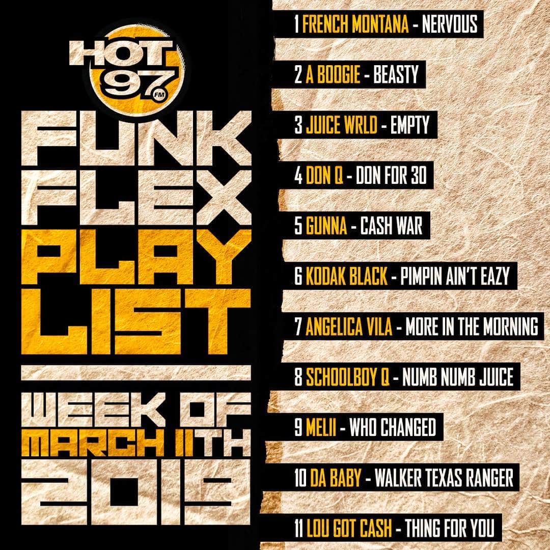 ファンクマスター・フレックスのインスタグラム：「1 @FrenchMontana - Nervous (Prod. by @harryfraud ) [ @salxco + @cashxo ]  2 @Artisthbtl - Beasty ( Prod. by @KennyBeats ) [ @qp_hbtl + @babydubai_hbtl + @emm.six ] 3 @JuiceWrld999 - Empty (Prod. by @NickMira_ )  4 @DonQhbtl - Don For 30 (Prod. by @iam30roc ) [ @qp_hbtl + @babydubai_hbtl + @emm.six + @] 5 @Gunna - Cash War (Prod. by @Wheezyx5 )  6 @KodakBlack - Pimpin Ain’t Eazy (Prod. by @NickMira_ + @CharlieHandsom3 )  7 @AngelicaVila - More in the Morning (Prod. by @Coolcnd + @dreday3000 ) [ @FatJoe + @Naesketchie ]  8 @GroovyQ - Numb Numb Juice (Prod. by @NezandRio + #DJFu + #HykeemCarter ) 9 @Melii - Who Changed (Prod. by @fademajah ) [ @JoieManda ] 10 @DaBaby - Walker Texas Ranger (Prod. by @Producer20 )  11 @LouGotCash - Thing For You (Prod. by #kylefrankman + #TylerGabriele )  @wilmajor」