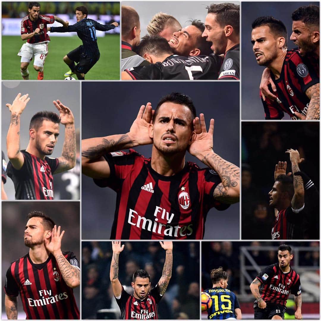 ヘスス・フェルナンデス・サエスのインスタグラム：「Sguardi, emozioni, delusioni, gol, assist, rimonte, vittorie e sconfitte. Ma il derby, questo derby, è tutta un’altra storia. Ed allora ieri, oggi, domani e sempre #forzaMilan. “Forza, lotta, vincerai...” 🎵📢🤙🏼❤⚫ #suso🎱⚽」