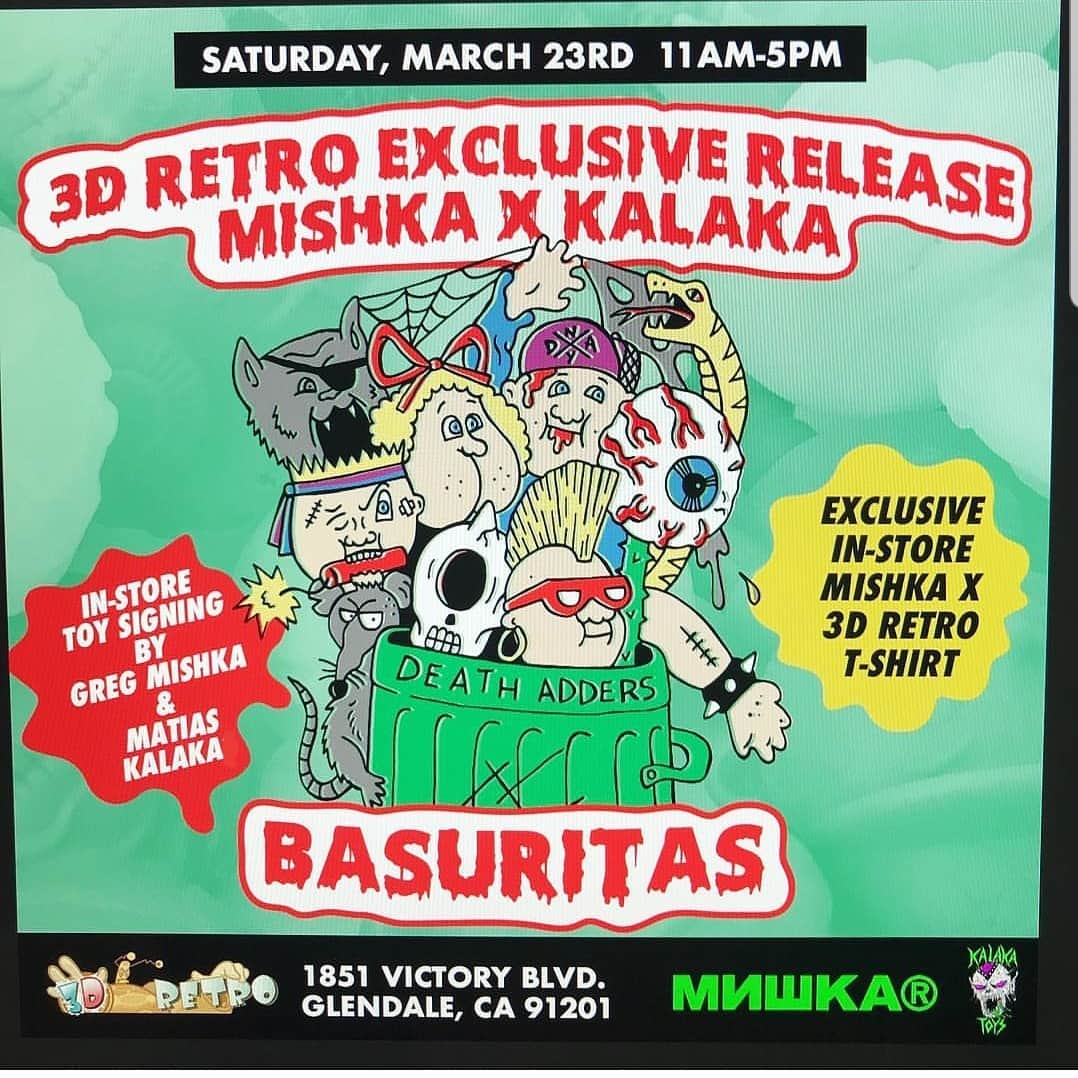 ミシカさんのインスタグラム写真 - (ミシカInstagram)「Next Saturday March 23rd from 11am-5pm come to @3dretro for the release of new color-ways of the @mishkagram x @kalaka_toys #basuritas vinyl figures produced by #3dretro #matiaskalaka & @gregmishka will be there all day signing & hanging out at one of the coolest & honestly only store of its kind in the #SoCal area! We will also have a couple exclusive collab products with both 3DRetro and Kalaka! (Scroll to see photos) This is going to be a #fun one so don’t miss it! #toys #vinyl #art #vinyltoys #arttoys #la #glendale」3月17日 3時43分 - mishkagram