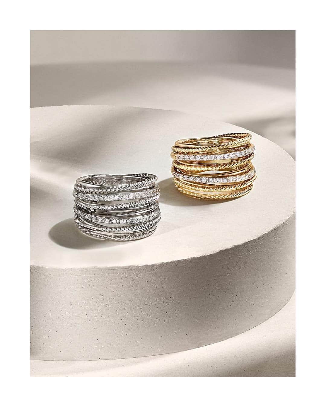 デビッドヤーマンのインスタグラム：「Stack the deck. • The ace up your sleeve, our latest Crossover rings offer the bold impact of stacked jewelry in a single effortless piece. Explore the collection through our bio link. • #DavidYurman #StackableJewelry」